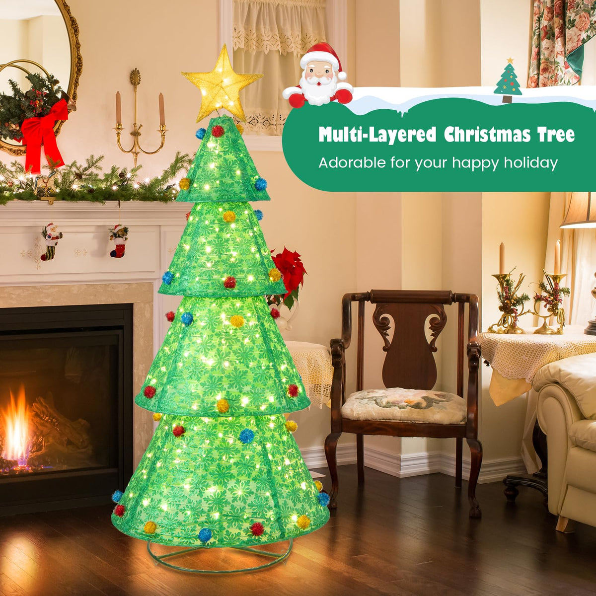 Lucktree 6.5 FT Pop-Up Lighted Christmas Tree, Artificial Xmas Tree with 200 Warm White LED Lights
