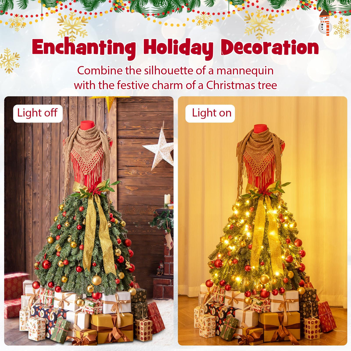 Lucktree 5ft Pre-Lit Dress Form Christmas Tree with Female Mannequin Torso & Scarf
