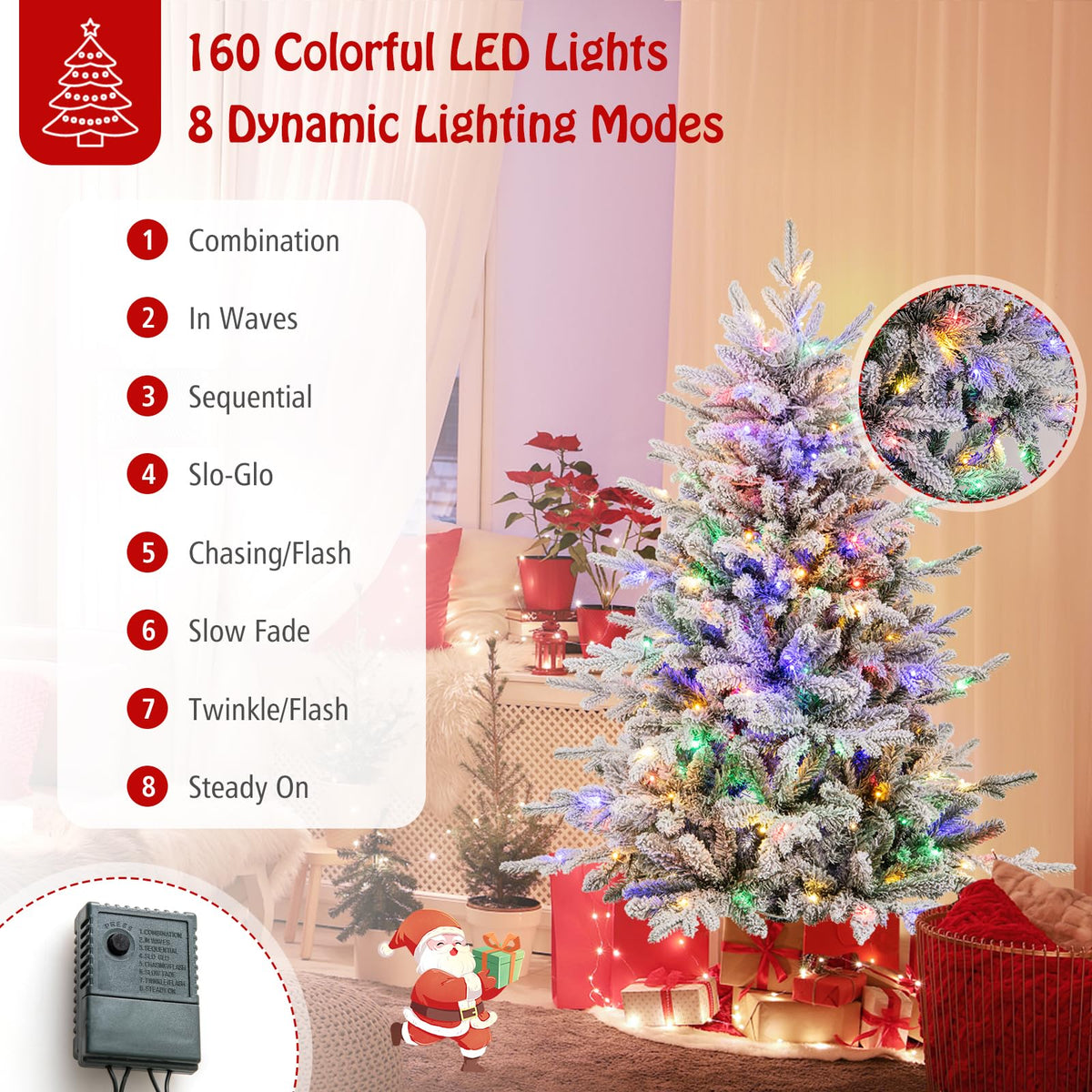 Lucktree 4.5ft Pre-Lit Snow Flocked Christmas Tree, Artificial Hinged Full Xmas Tree with 160 Multicolored LED Lights