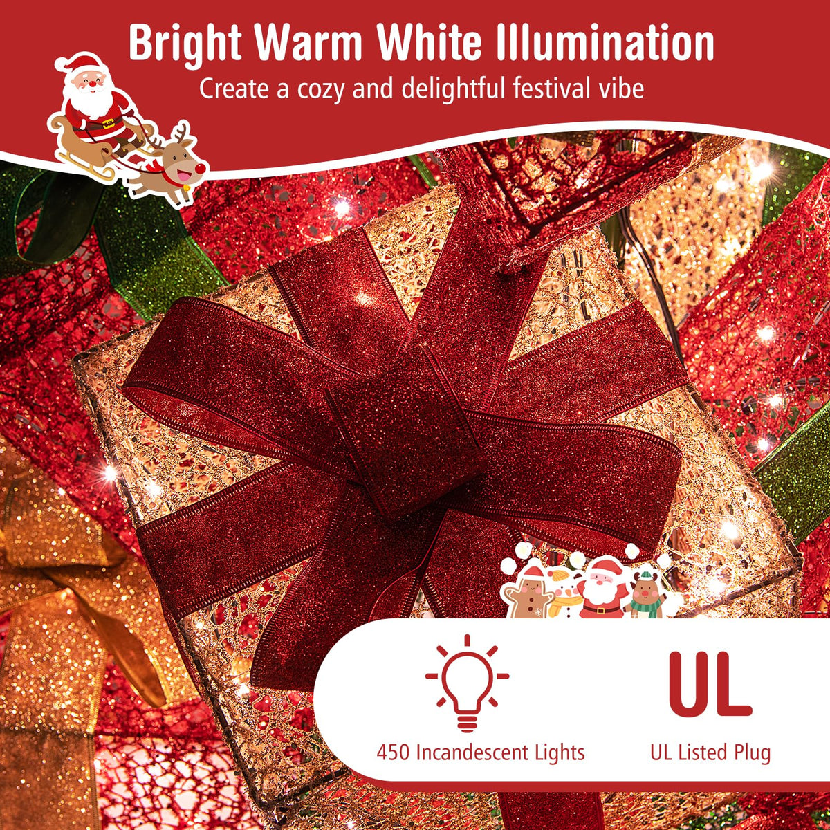 Lucktree 15 Pieces Stackable Pre-lit Lighted Boxes Tower w/ 450 Warm White Lights