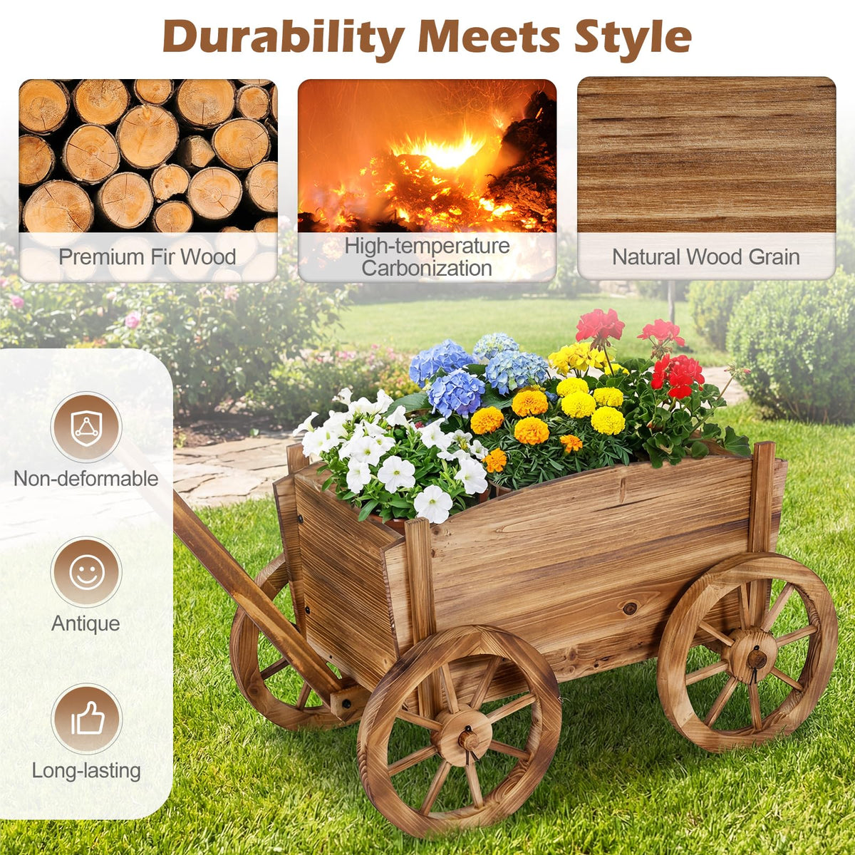 Lucktree Wood Wagon Planter Rustic Rolling Flower Pot Stand