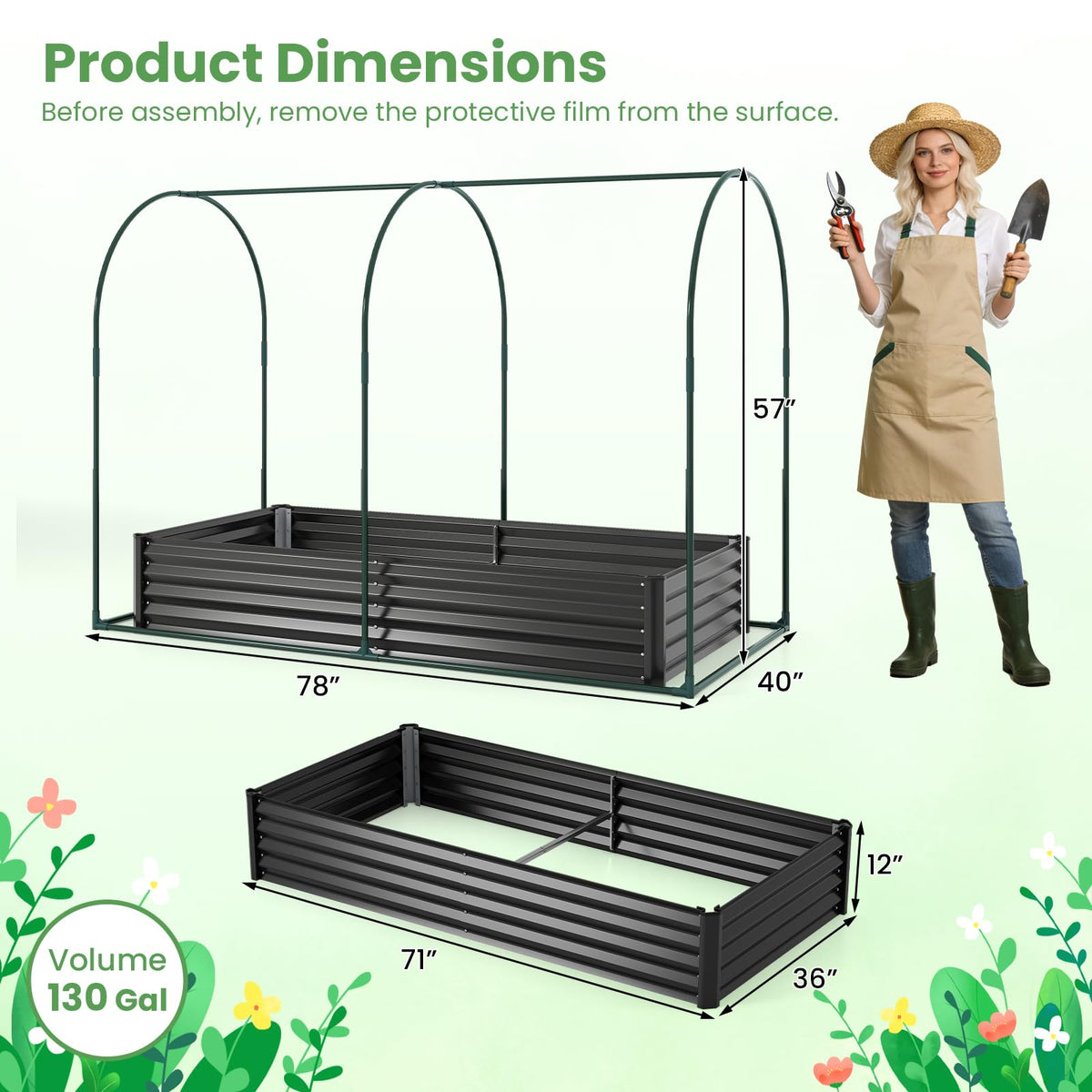 Lucktree 6x3x1 FT Galvanized Raised Garden Bed with Greenhouse Cover
