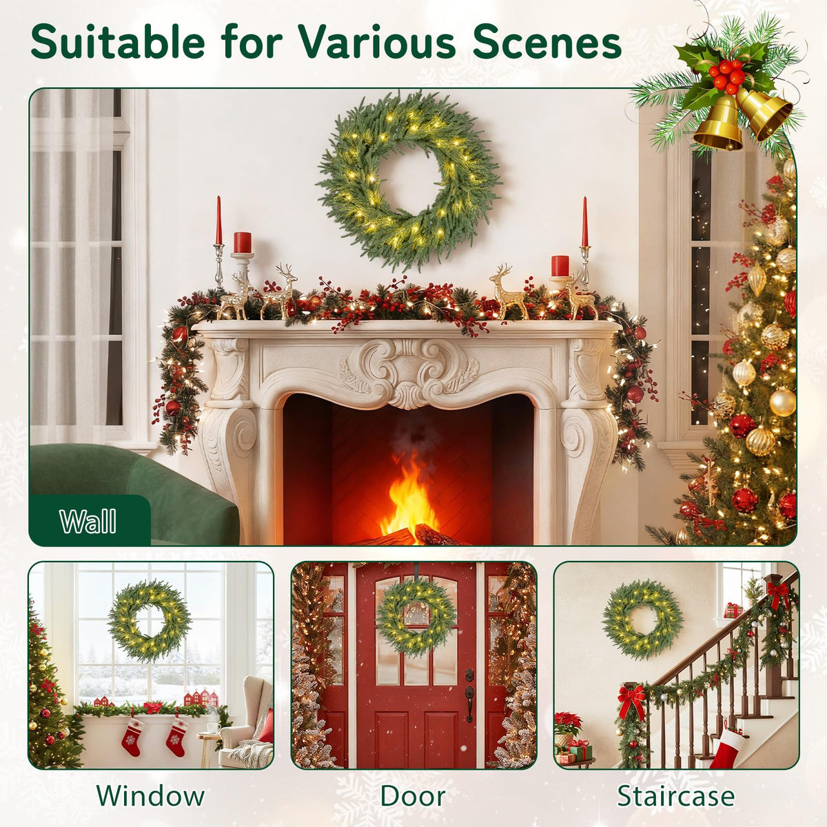 24 Inch Pre-lit Christmas Wreath with 108 Branch Tips and 35 Warm White LED Lights for Wall Window-1 piece