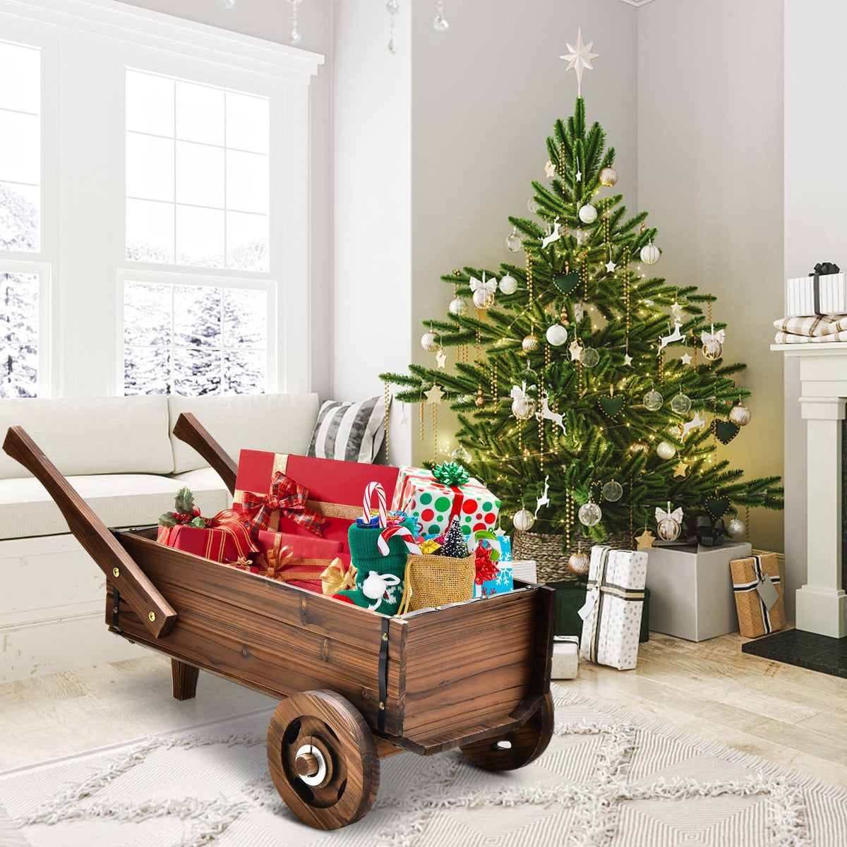 Lucktree Wooden Wagon Planter Box, Decorative Wagon Cart with Wheels, Handles