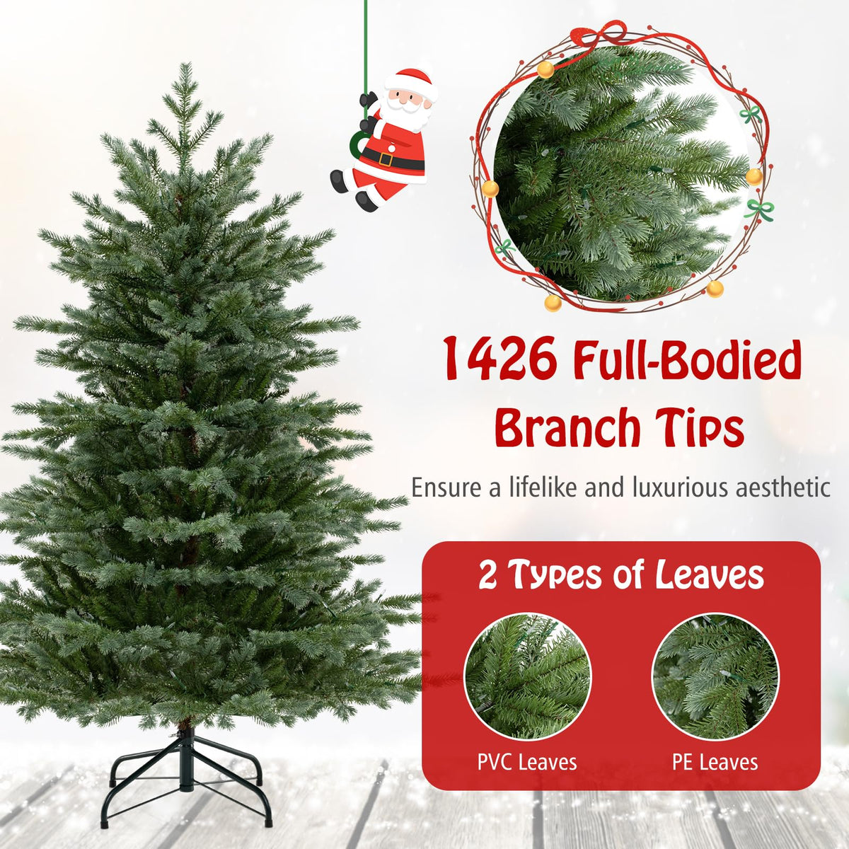 Lucktree 5ft / 6ft / 7ft Pre-Lit Artificial Christmas Tree with Lush PVC & PE Tips Warm White LED Lights