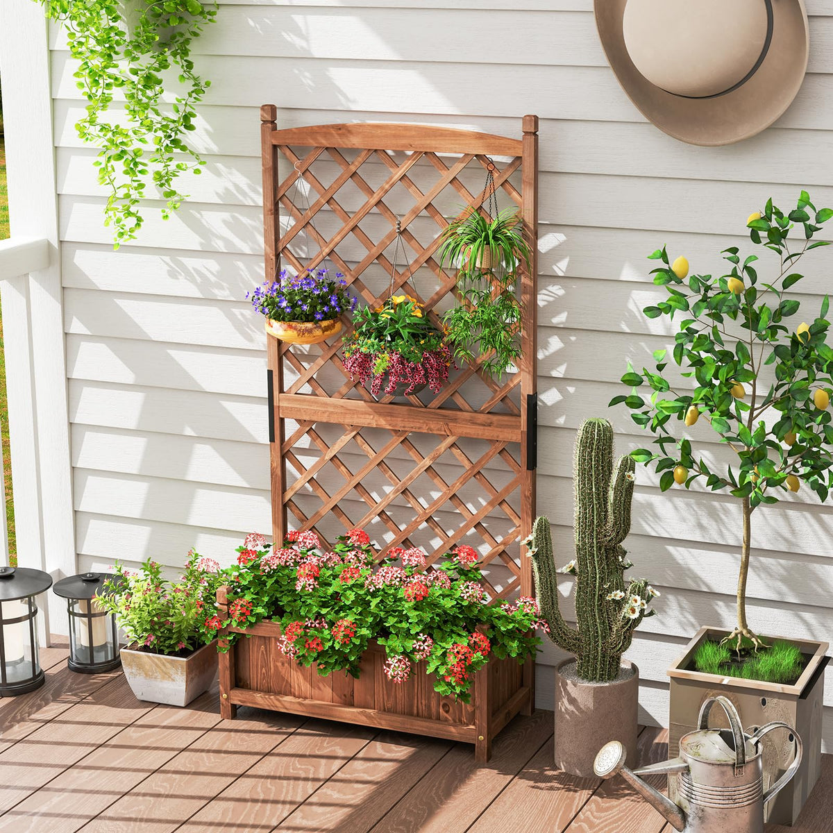 Lucktree 60” Wooden Planter Container with Drainage Holes Trellis
