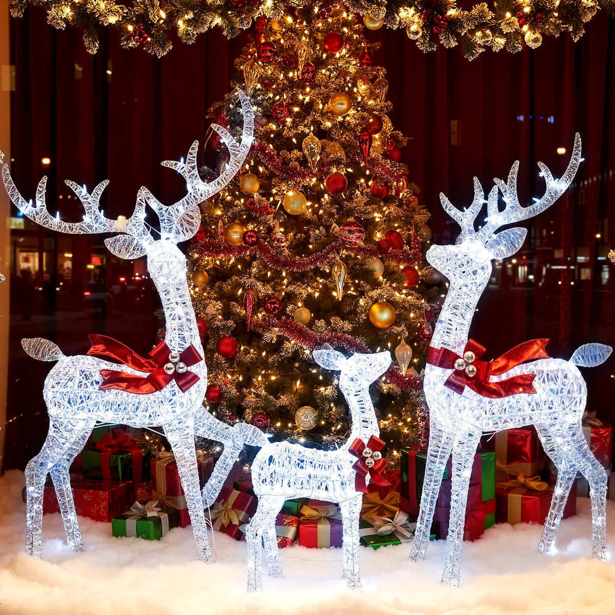 Lucktree 3-Piece Christmas Lighted Iridescent Reindeer Family Set with 215 Cold White LED Lights and Ground Stakes