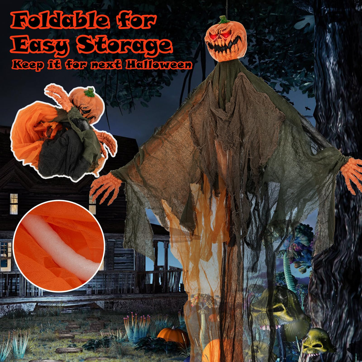 Lucktree 6 Ft Hanging Halloween Decoration, Ghost Pumpkin Man with Red LED Eyes & Posable Arms