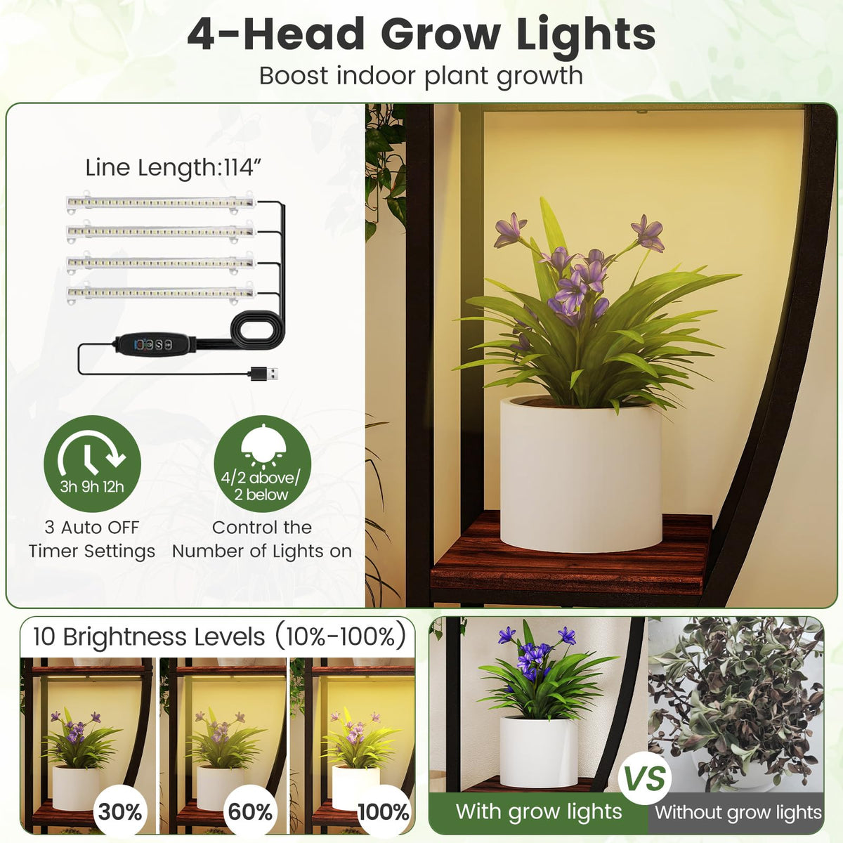 Lucktree Plant Stand Indoor with Grow Lights 10-Tier 63" Tall Metal Plant Shelf