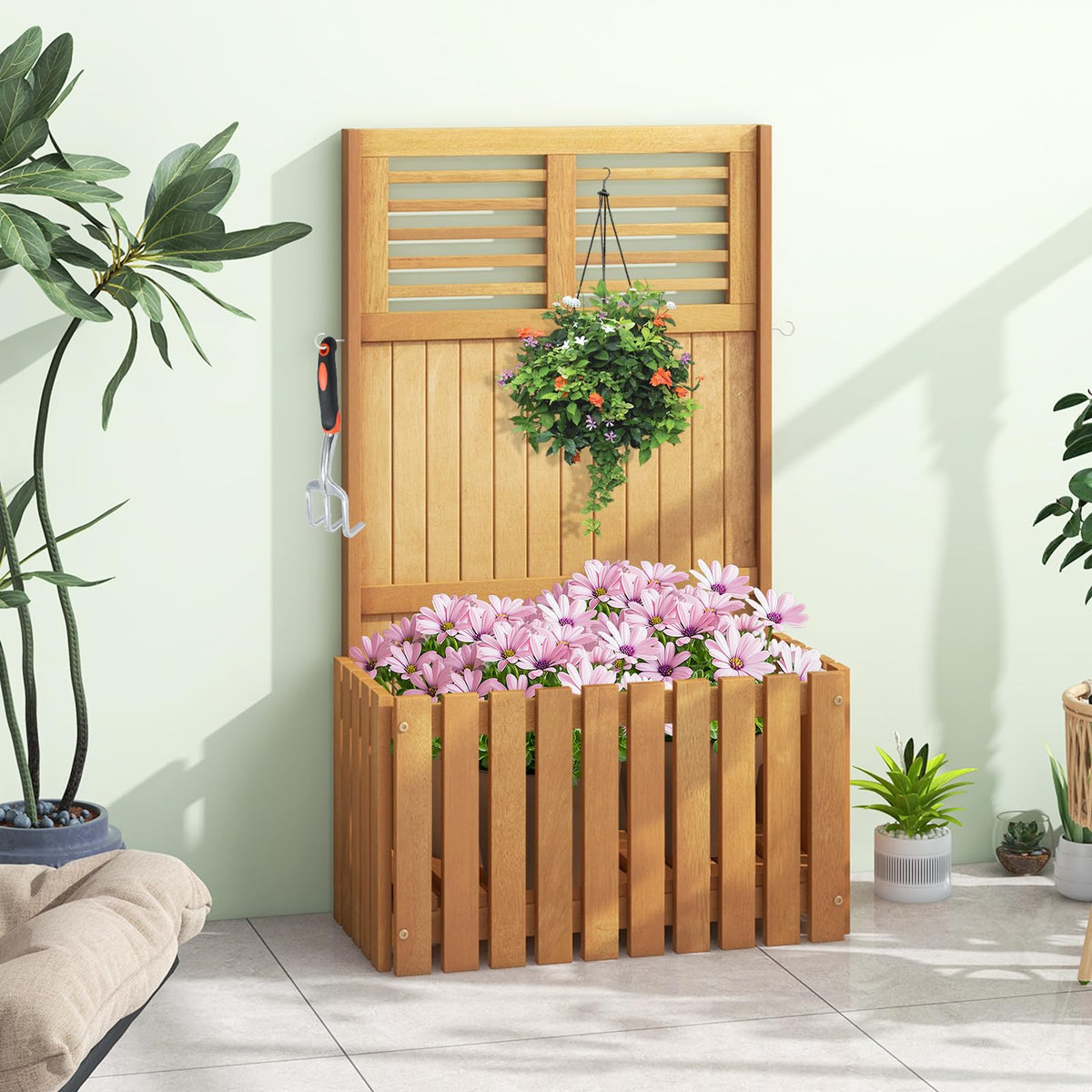 Lucktree Set of 1/2 Raised Garden Bed with Trellis, 41” Wooden Potted Plant Box w/Privacy Screen