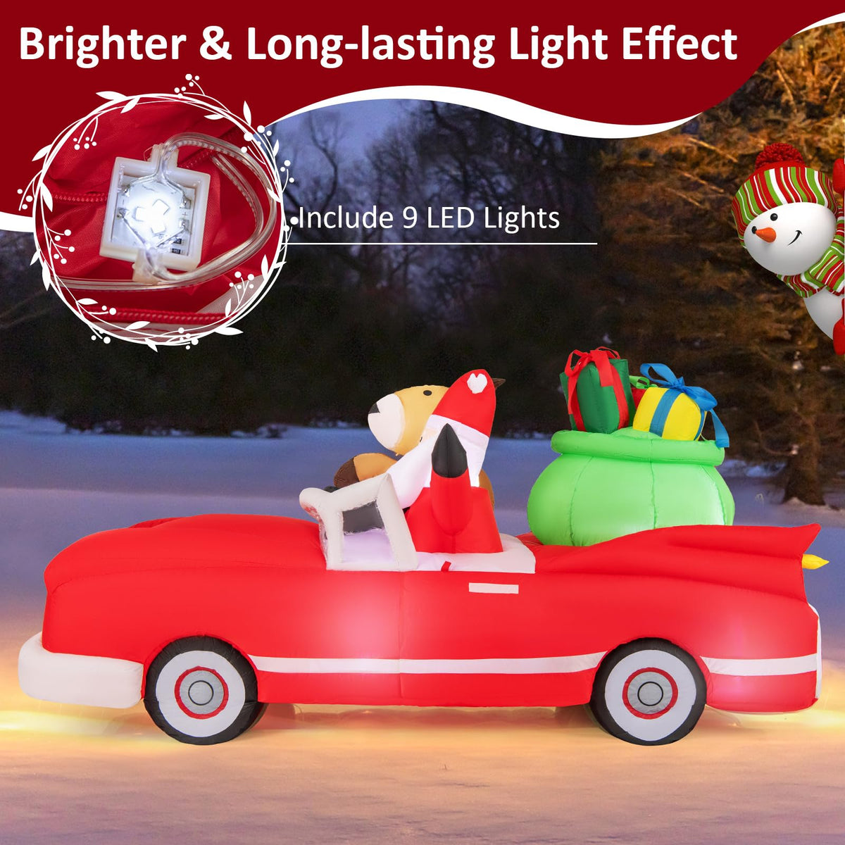 Lucktree 7.7 FT Long Lighted Xmas Inflatable Santa Claus & Reindeer Driving Red Car Gift Boxes