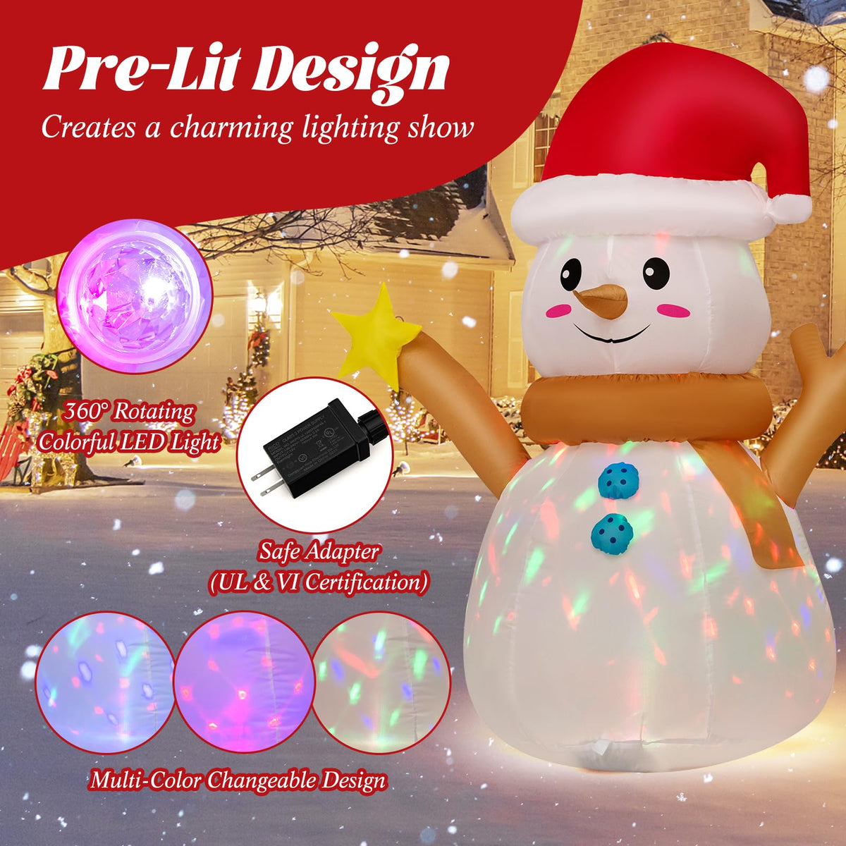 Lucktree 4 FT Lighted Christmas Inflatable Snowman with 360° Rotating Colorful LED Light