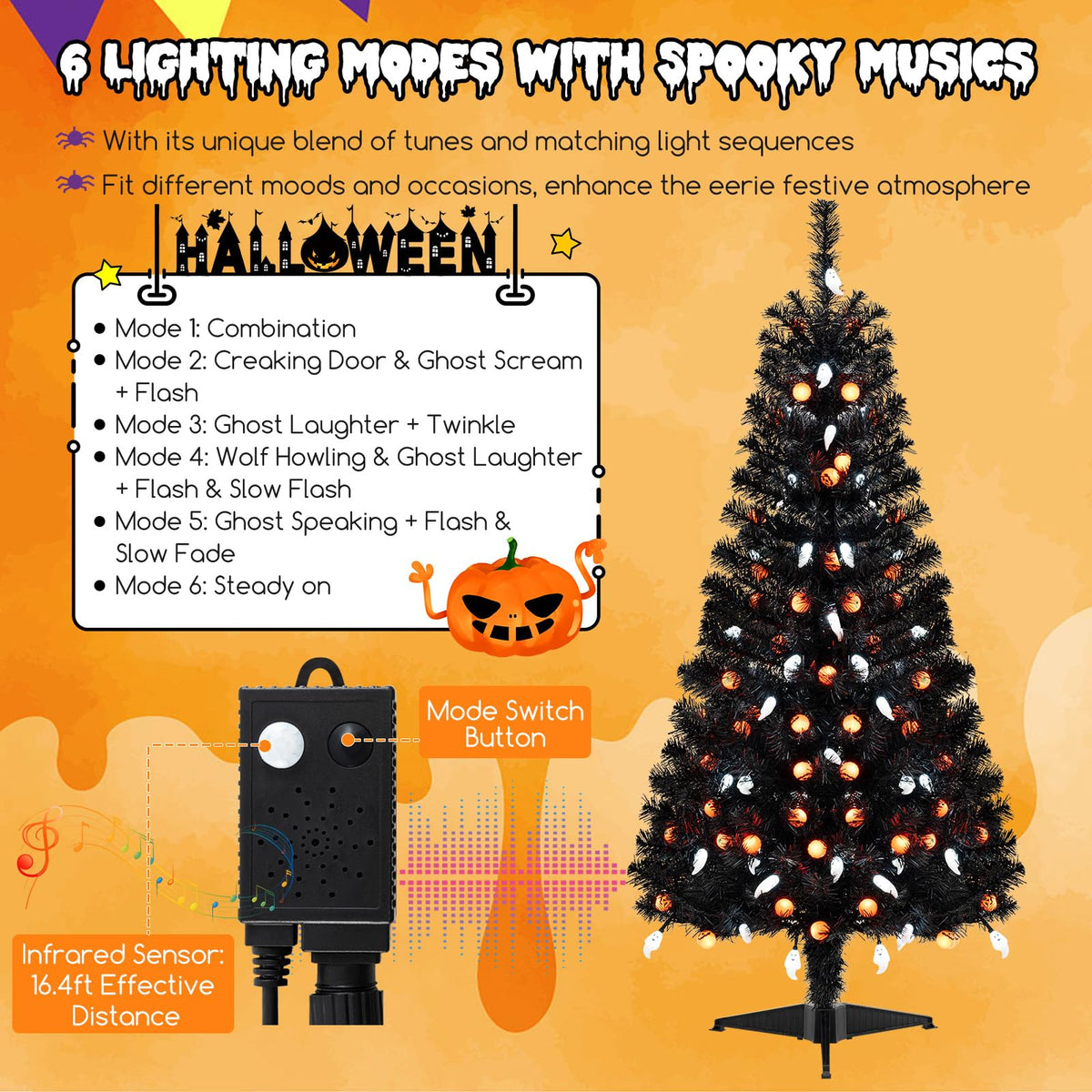 Lucktree 4.5 FT Pre-Lit Halloween Tree with 6 Lighting Modes with Spooky Music Sync