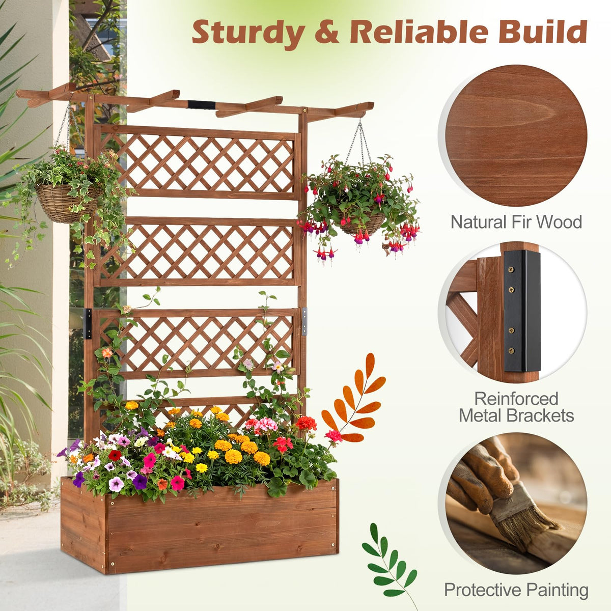 Lucktree 72" Wooden Raised Garden Bed with Trellis w/Privacy Screen Roof