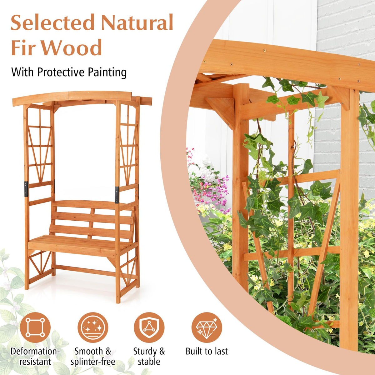 Lucktree Garden Arbor with Bench - Wooden Garden Arch Trellis for Climbing Plants Vines, 2-Person Outdoor Bench