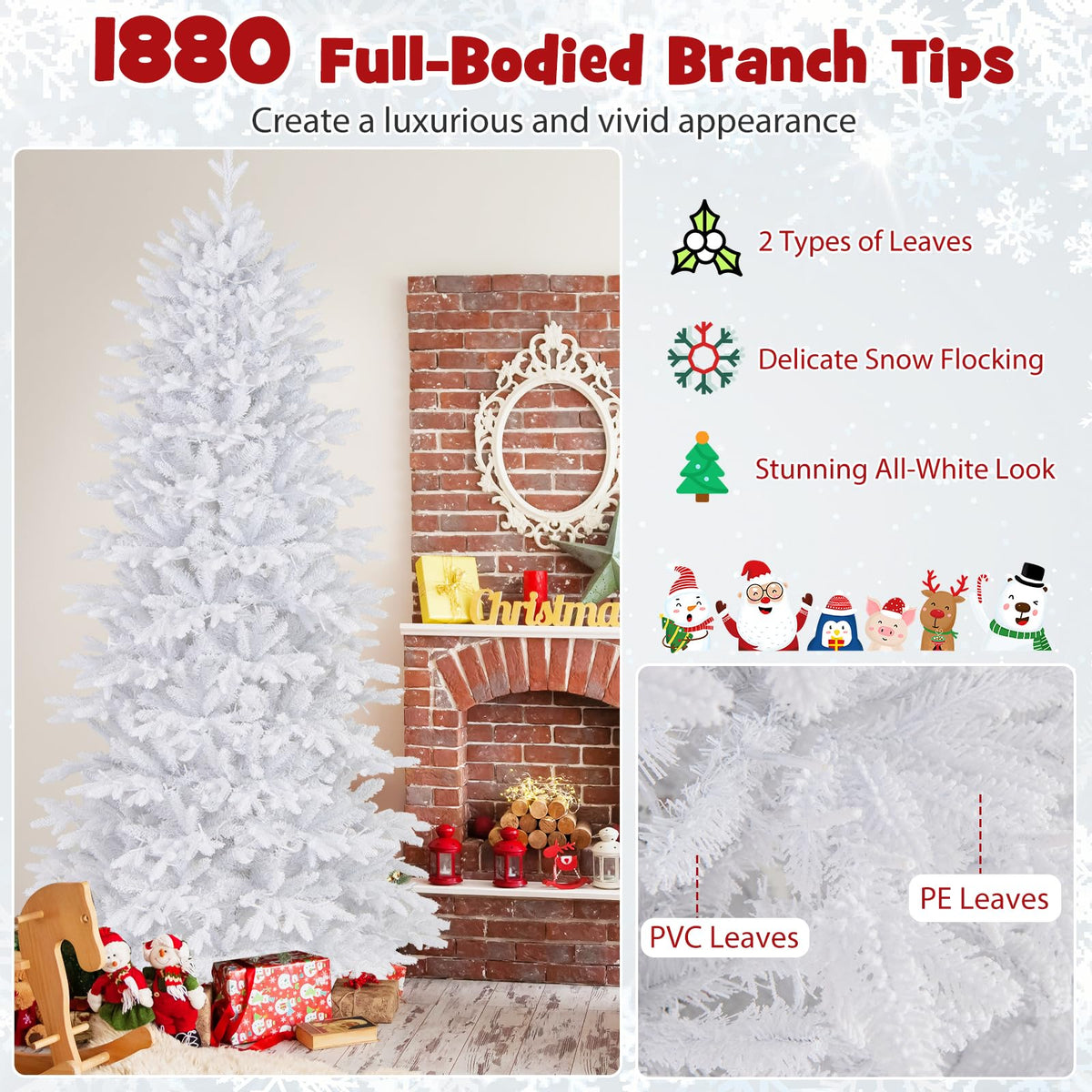 Lucktree 7ft Pre-Lit White Christmas Tree with Wheels & 900 Warm White LED Lights