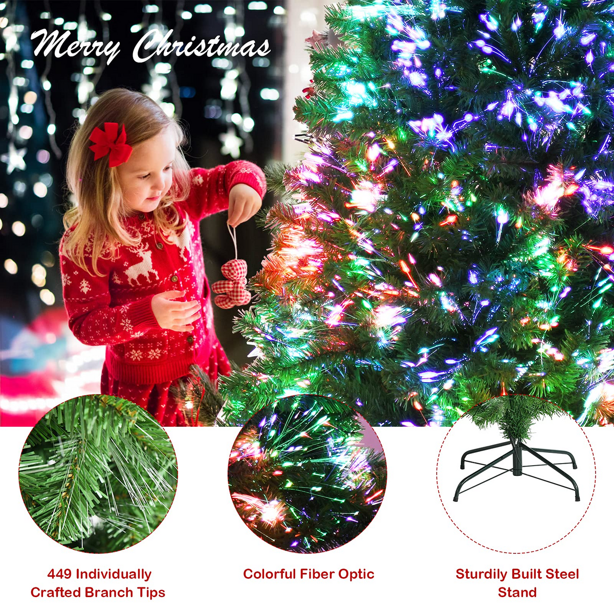 Lucktree Fiber Optic Artificial Christmas Tree, Pre-lit Premium Spruce Tree with Solid Metal Stand - LucktreeUS