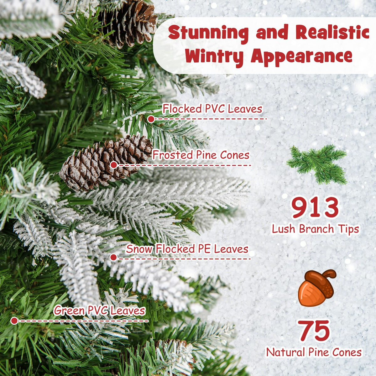 Lucktree 7.5 FT Pre-Lit Pencil Christmas Tree, Artificial Snow Flocked Hinged Fake Slim Xmas Tree with 350 Warm-White LED Lights