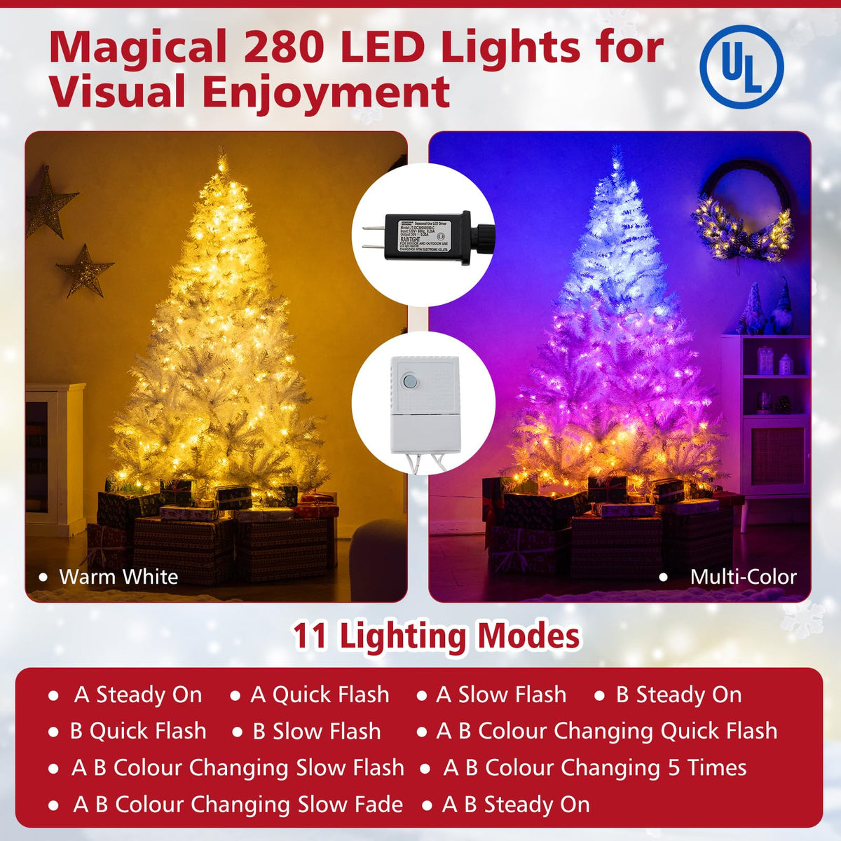 Lucktree White Pre-Lit Artificial Christmas Tree with Warm White & 3-Color LED Lights