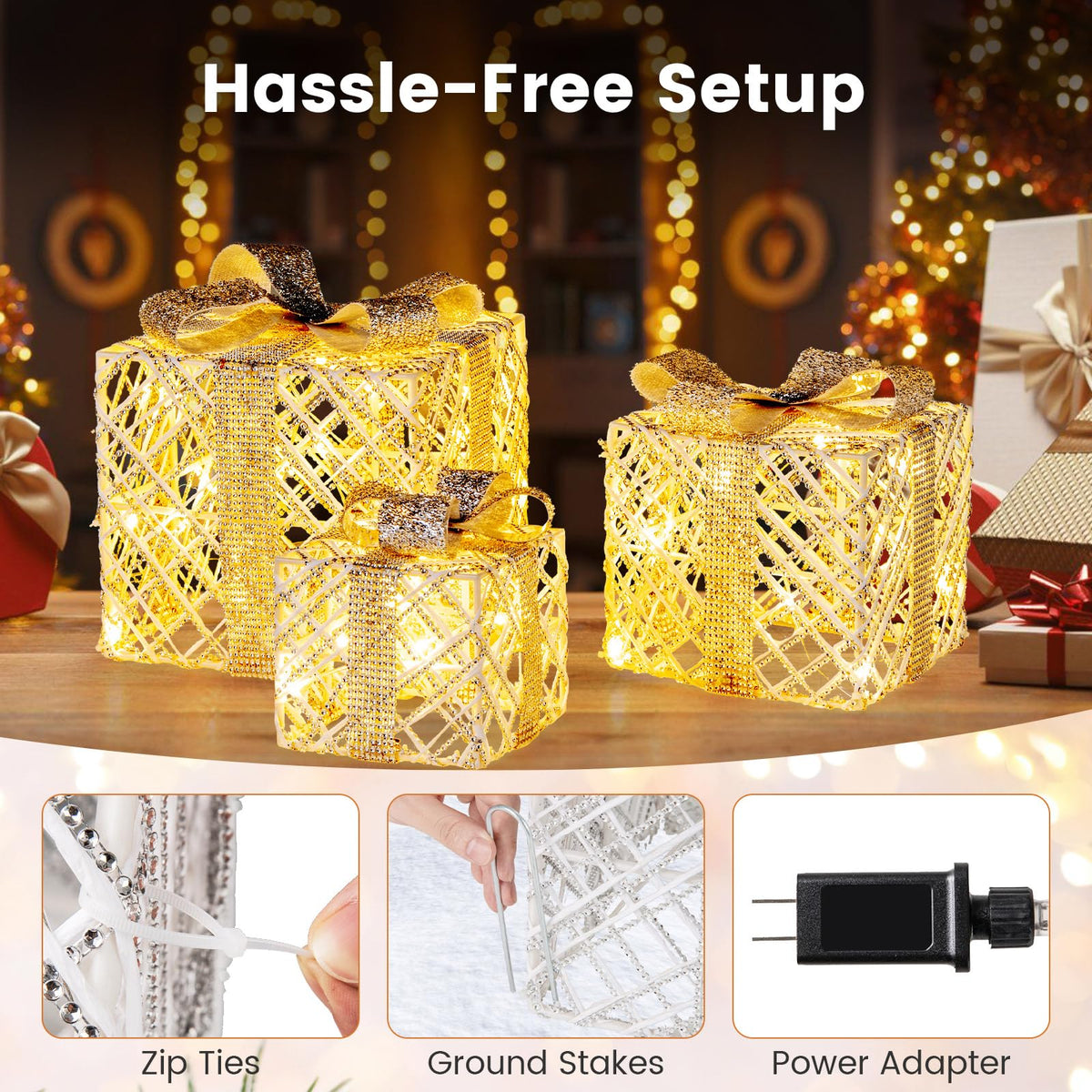Lucktree Set of 3 Christmas Lighted Gift Boxes, 90 LED Light up Present Boxes with Bows