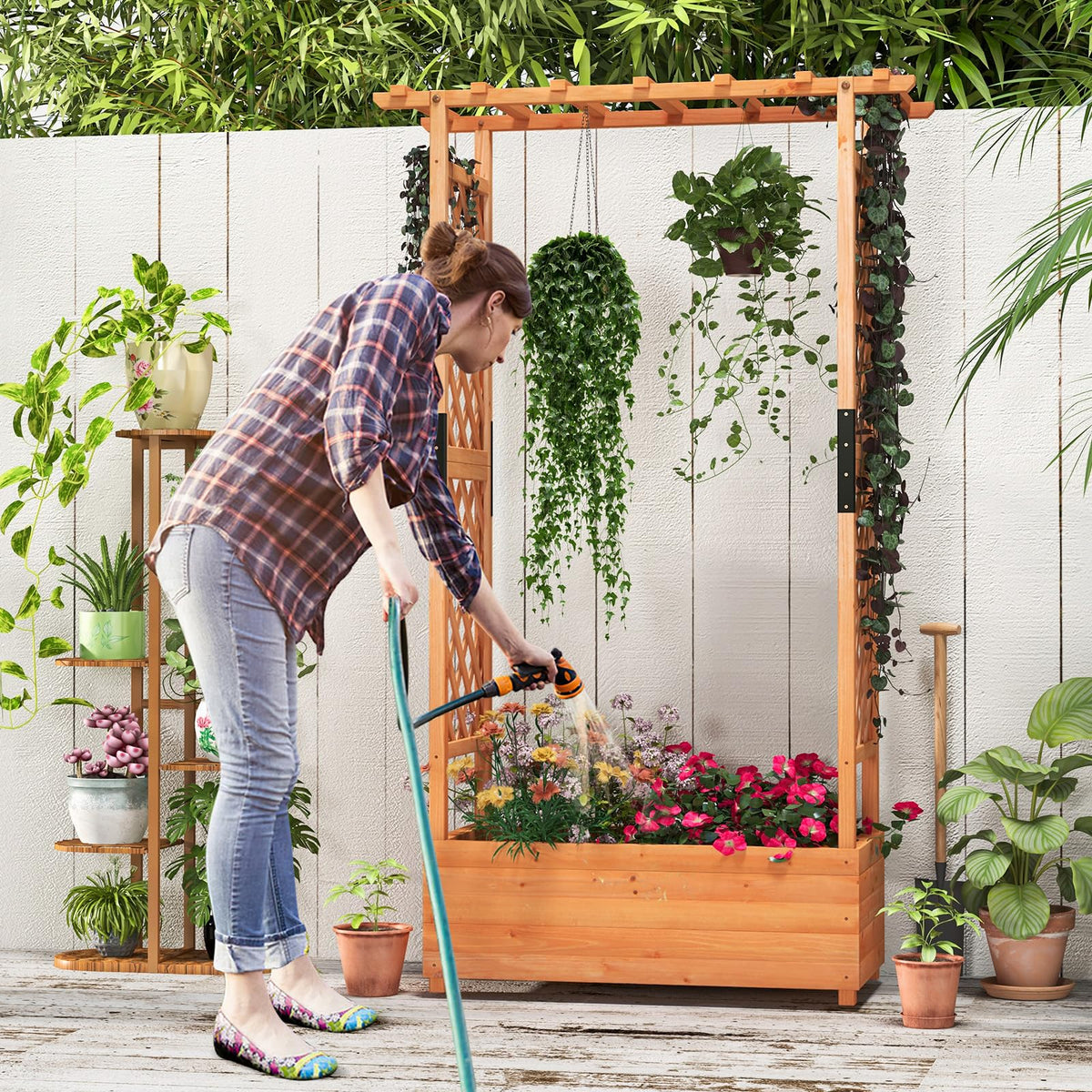 Lucktree Raised Garden Bed with 2-Sided Trellis & Hanging Roof