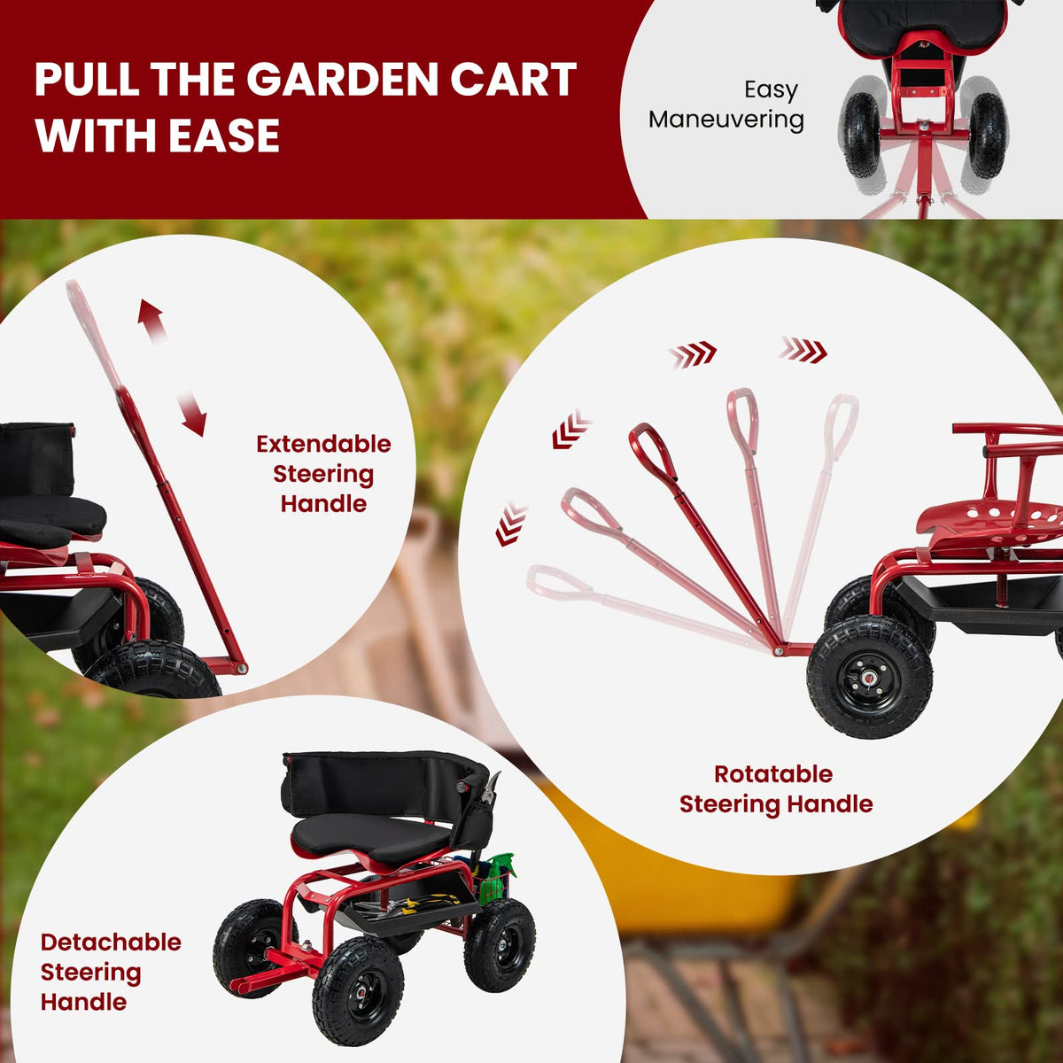 Lucktree Cushioned Rolling Garden Cart Scooter with Storage Basket and Tool Pouch
