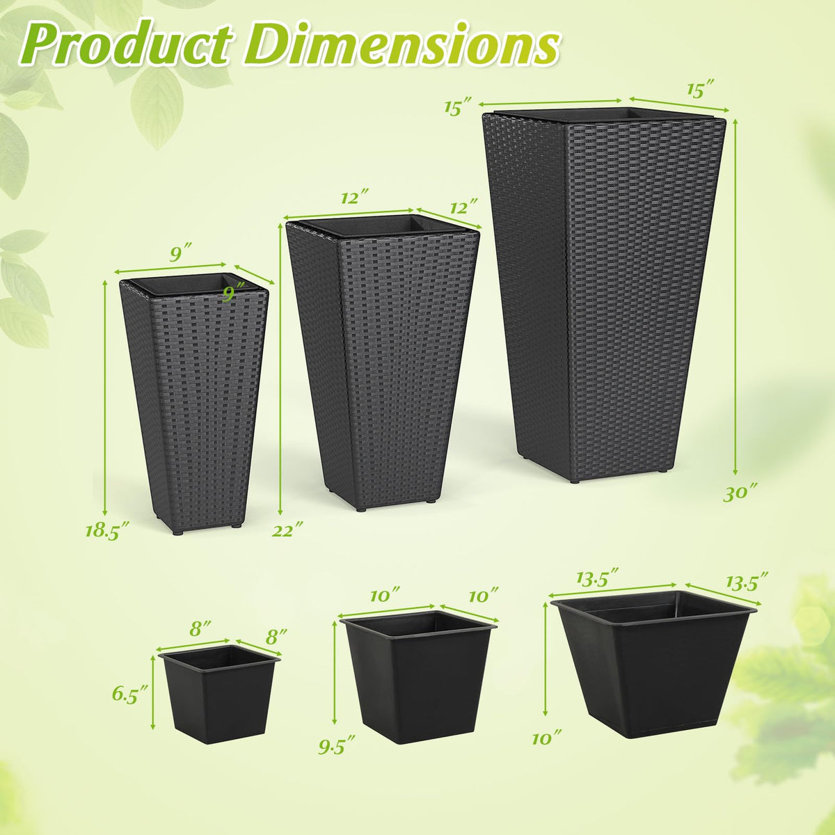 Lucktree 3-Piece Wicker Planters Tapered PP Rattan Plant Boxes with Plastic Flower Pots