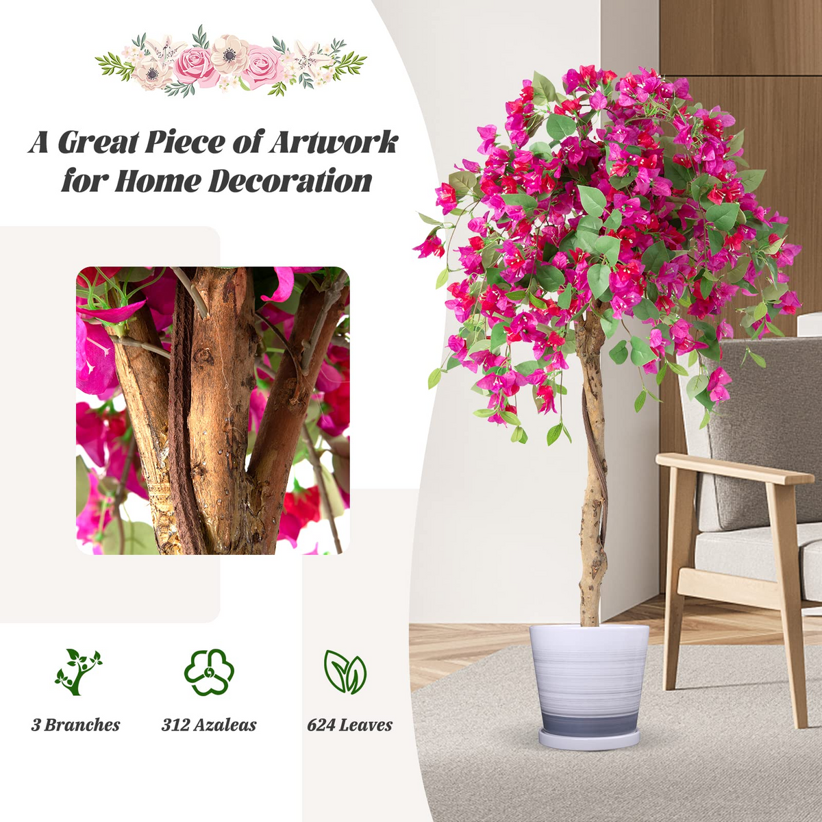 Lucktree 4.5FT Bougainvillea Artificial Tree, Fake Potted Plant w/ 312 Flowers - LucktreeUS