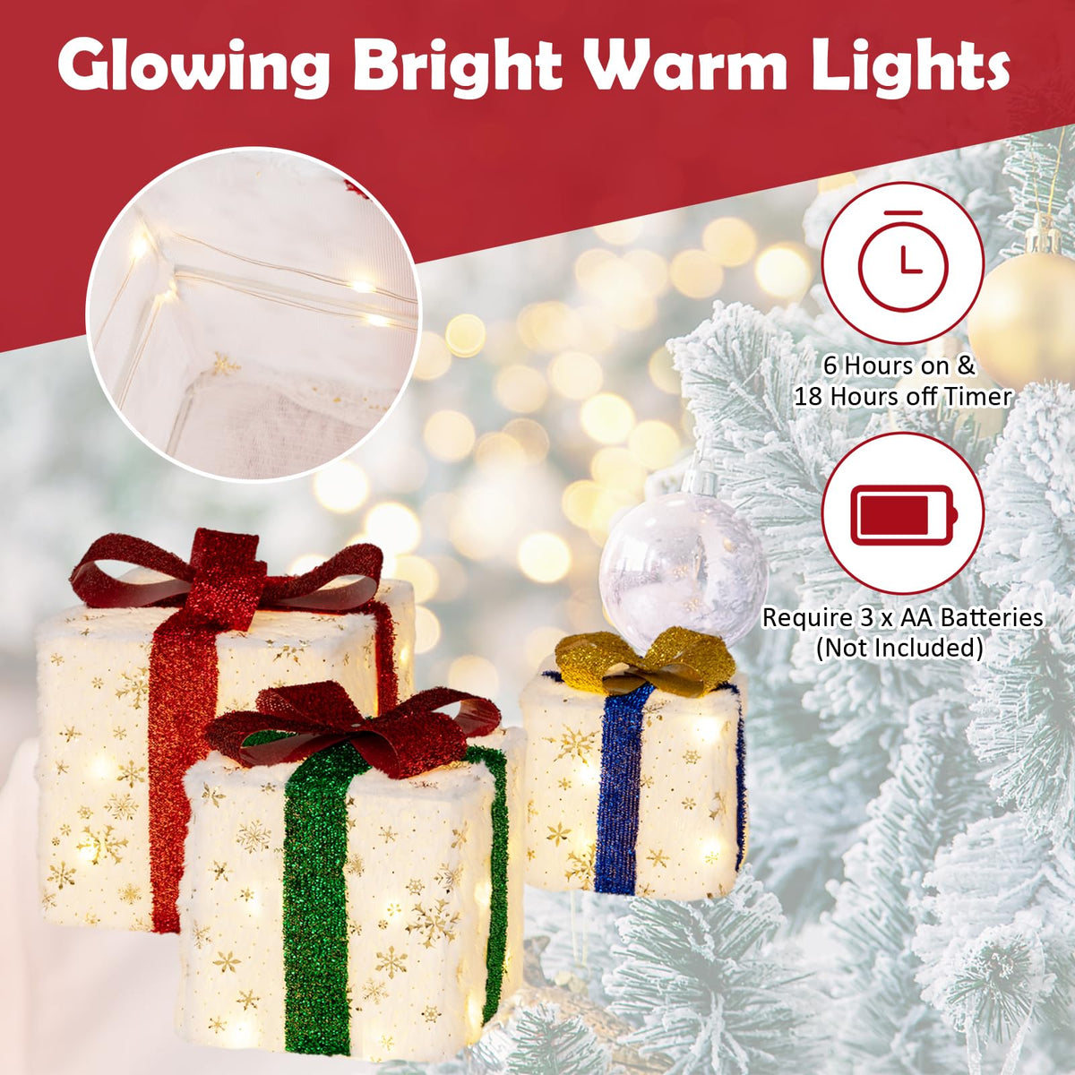 Lucktree Set of 3 Christmas Lighted Gift Boxes, Pre-lit Christmas Decoration with 48 Bright Warm Lights