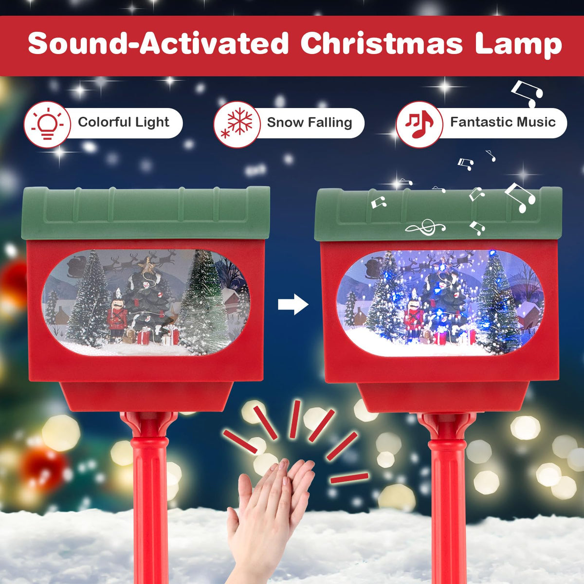 Lucktree 59 Inch Musical Christmas Street Lamp, Festive Lamp Post w/Sound-Activated Snow Globe Lantern