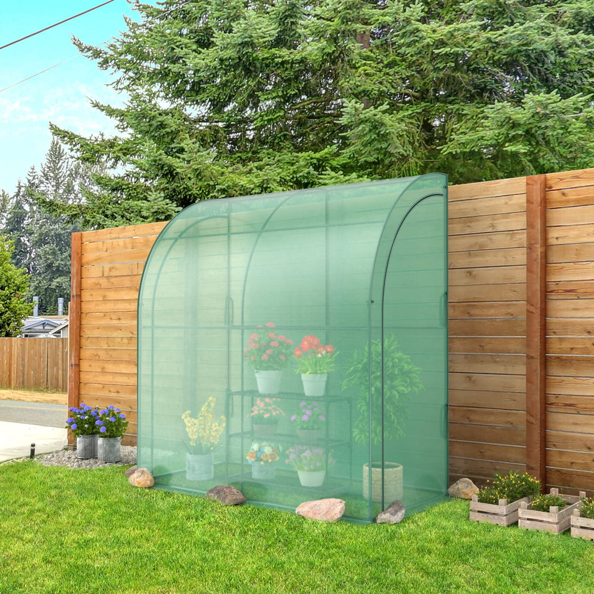Lucktree Walk-in Lean-to Greenhouse - with 3-Tier Plant Stand, 7’x 3.5’x 7’ Green House, PE Grid Cover