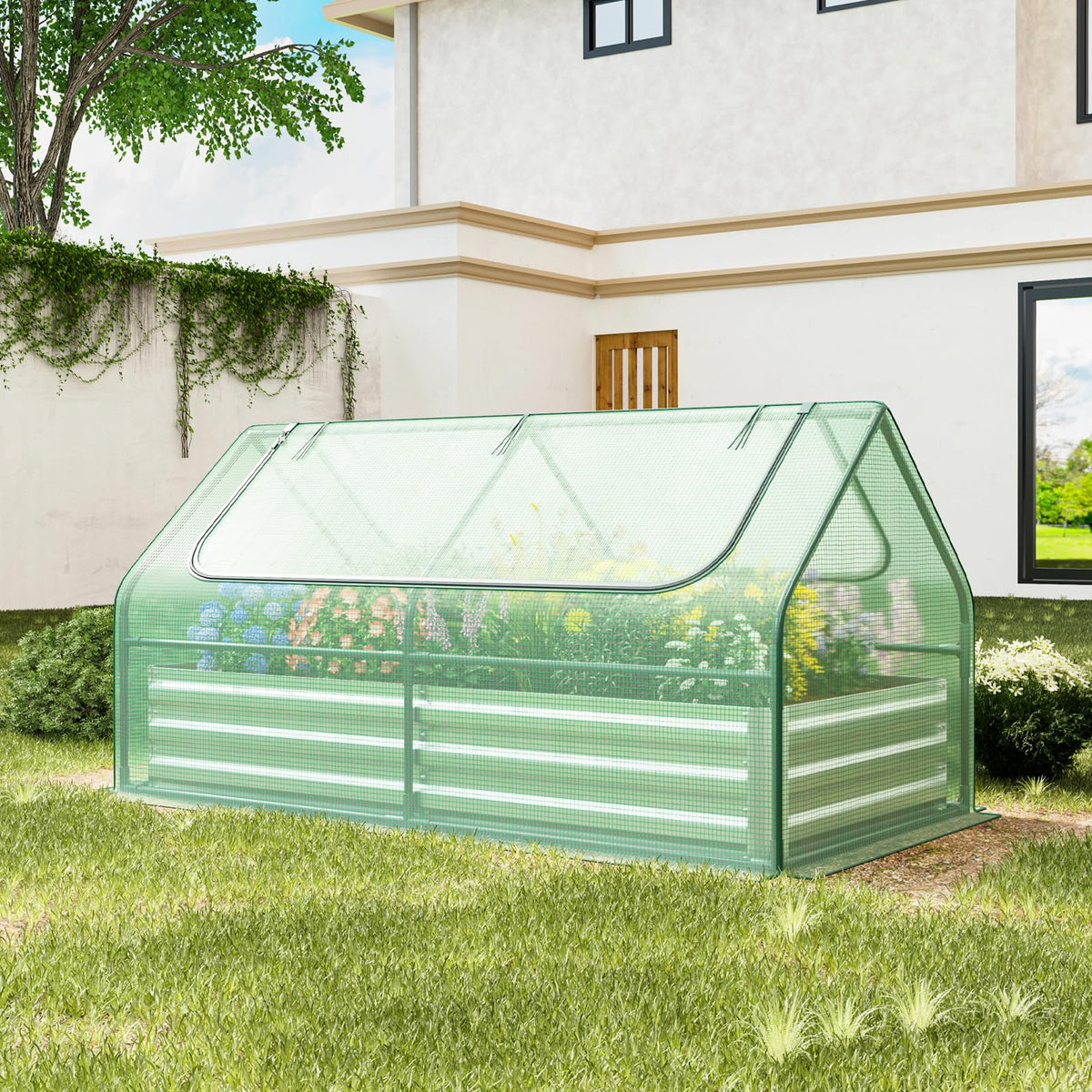 Lucktree Galvanized Steel Raised Garden Bed with Mini Greenhouse, Outdoor Metal Planter Box Kit with Large Roll-up Cover
