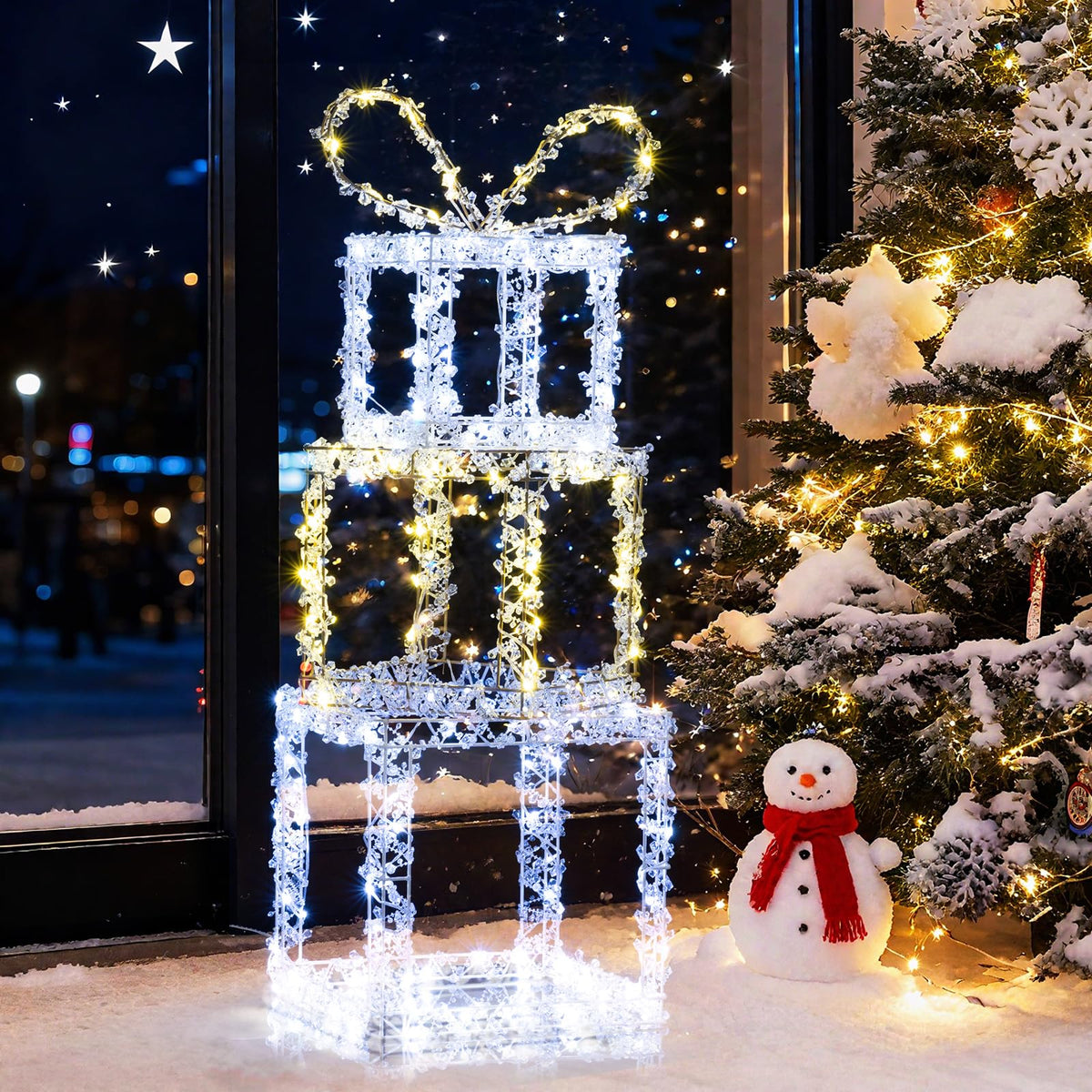 Lucktree Stacked Lighted Gift Boxes Set of 3 Pre-Lit Christmas Present Box Lights