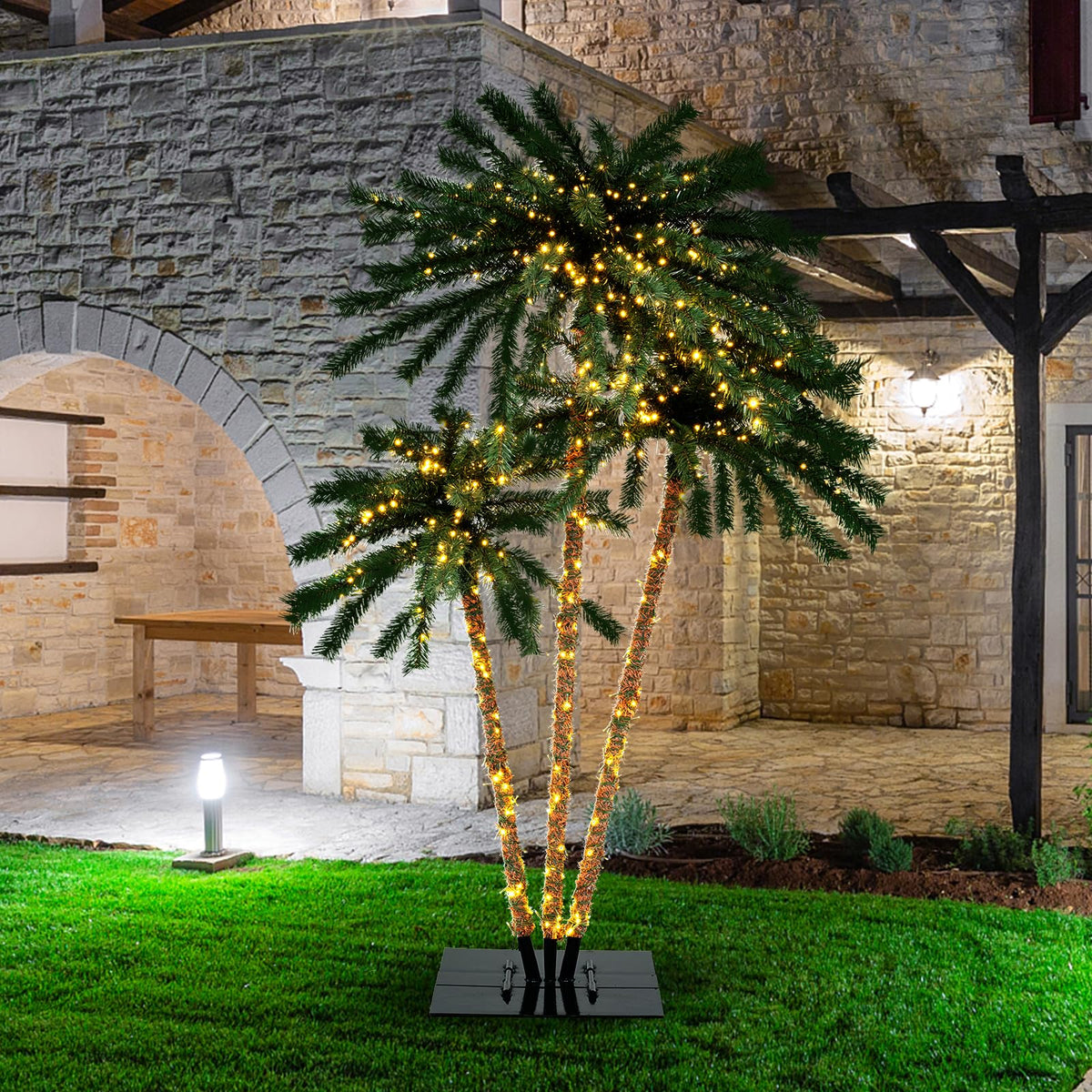 Lucktree Pre-Lit Artificial Christmas Tree, 4/5/6 FT Triple Coconut Plam Trees with Metal Base