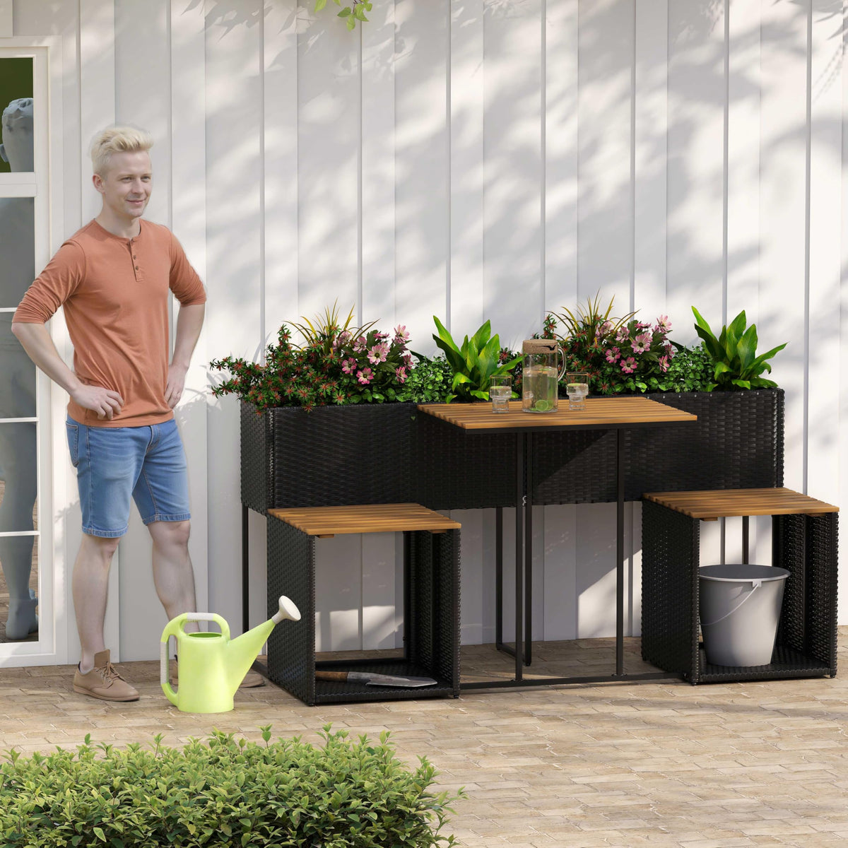 Lucktree PE Rattan Garden Planter Table with Built-in Chairs and Storage Space