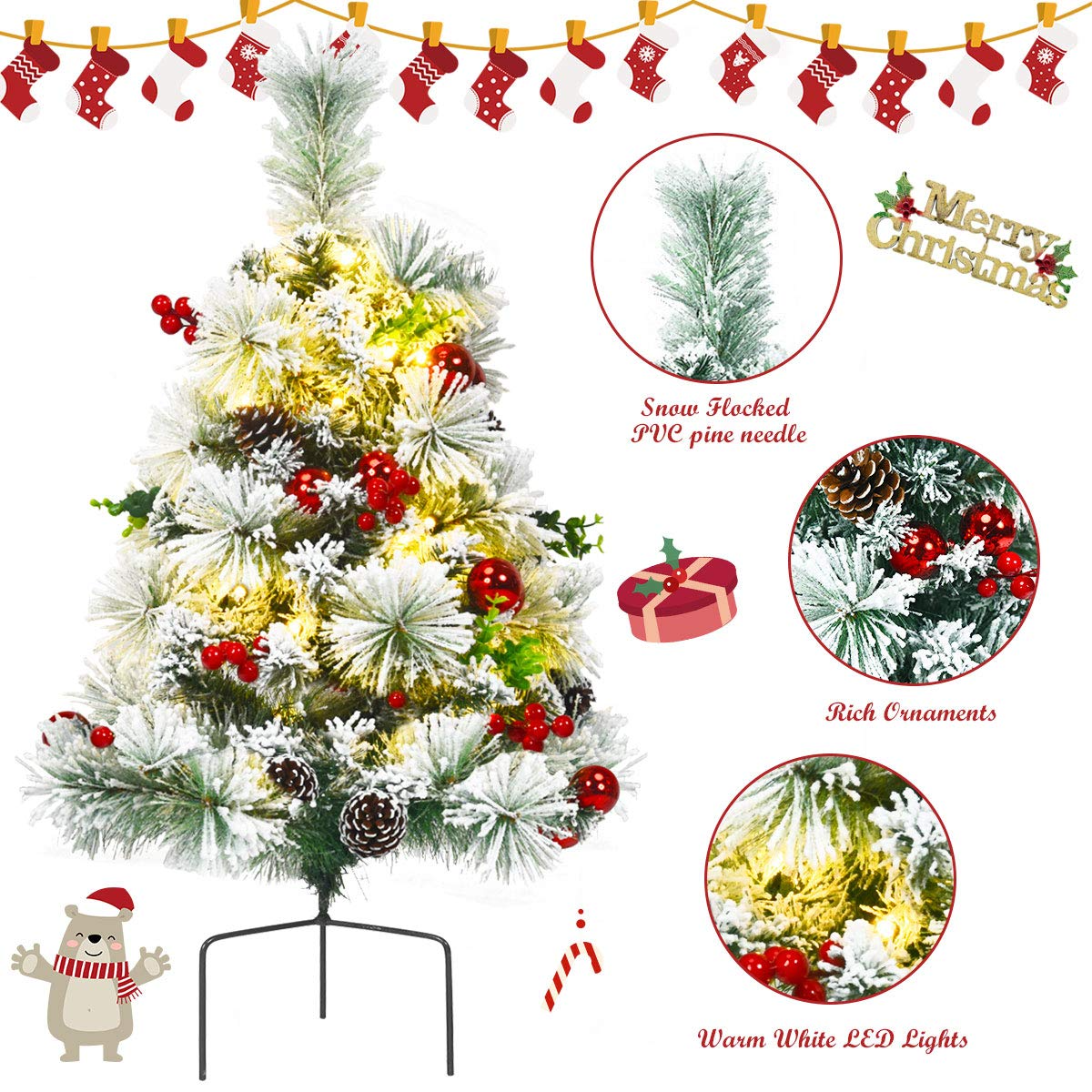 Lucktree 2FT Pathway Christmas Trees Set of 2, Pre-Lit Snow Flocked Xmas Trees with 30 Warm White LED Lights - LucktreeUS