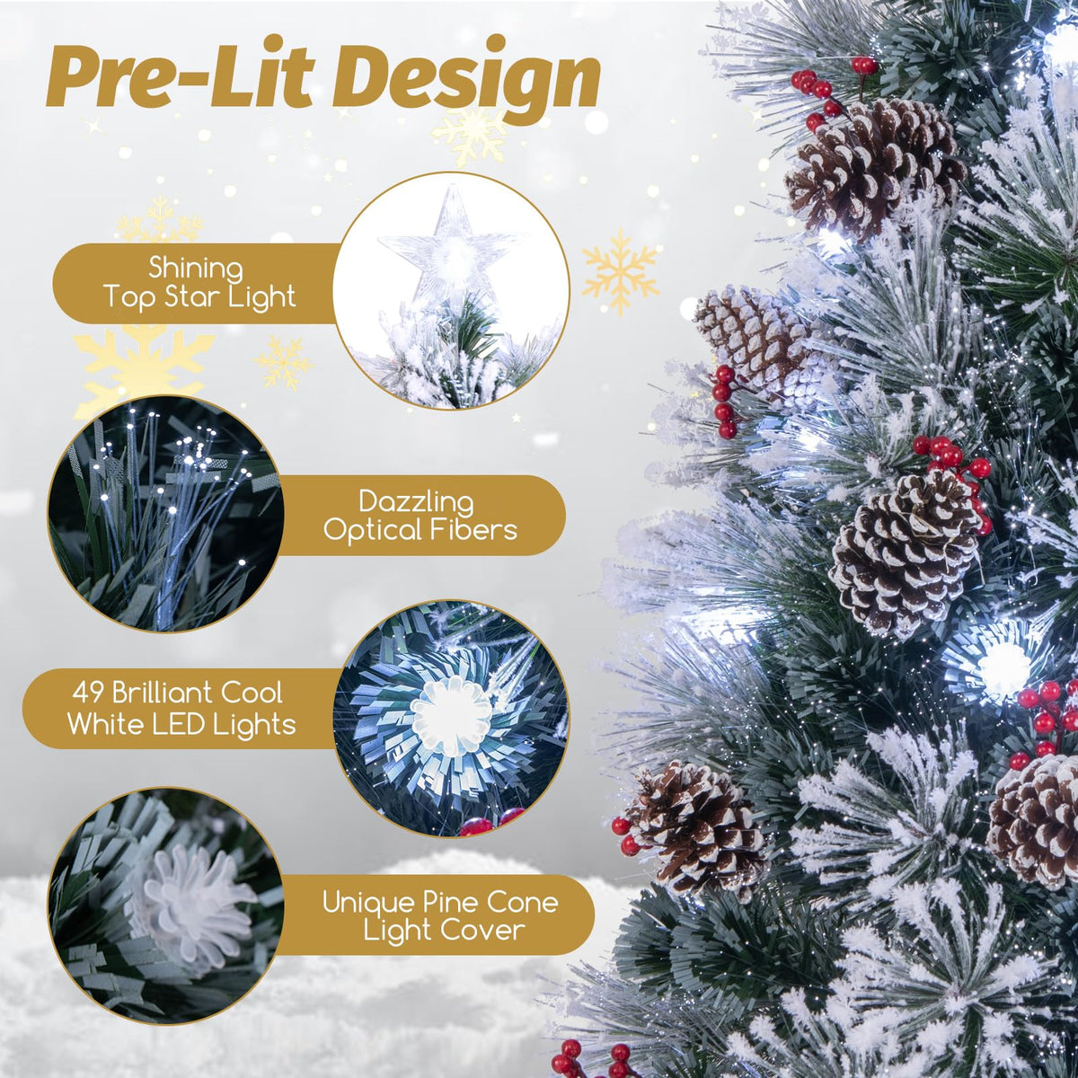 Lucktree Pre-lit Fiber Optic Christmas Tree, Artificial Snowy Xmas Tree with 49 Cool White LED Lights