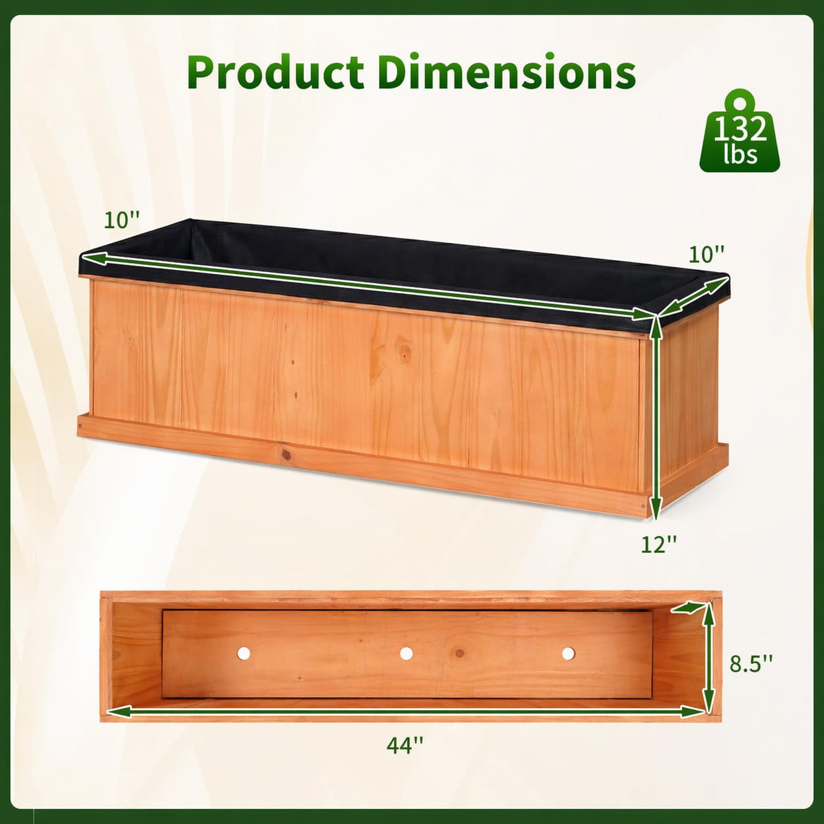 Lucktree Raised Garden Bed with 3 Drainage Holes (44"x10"x12")