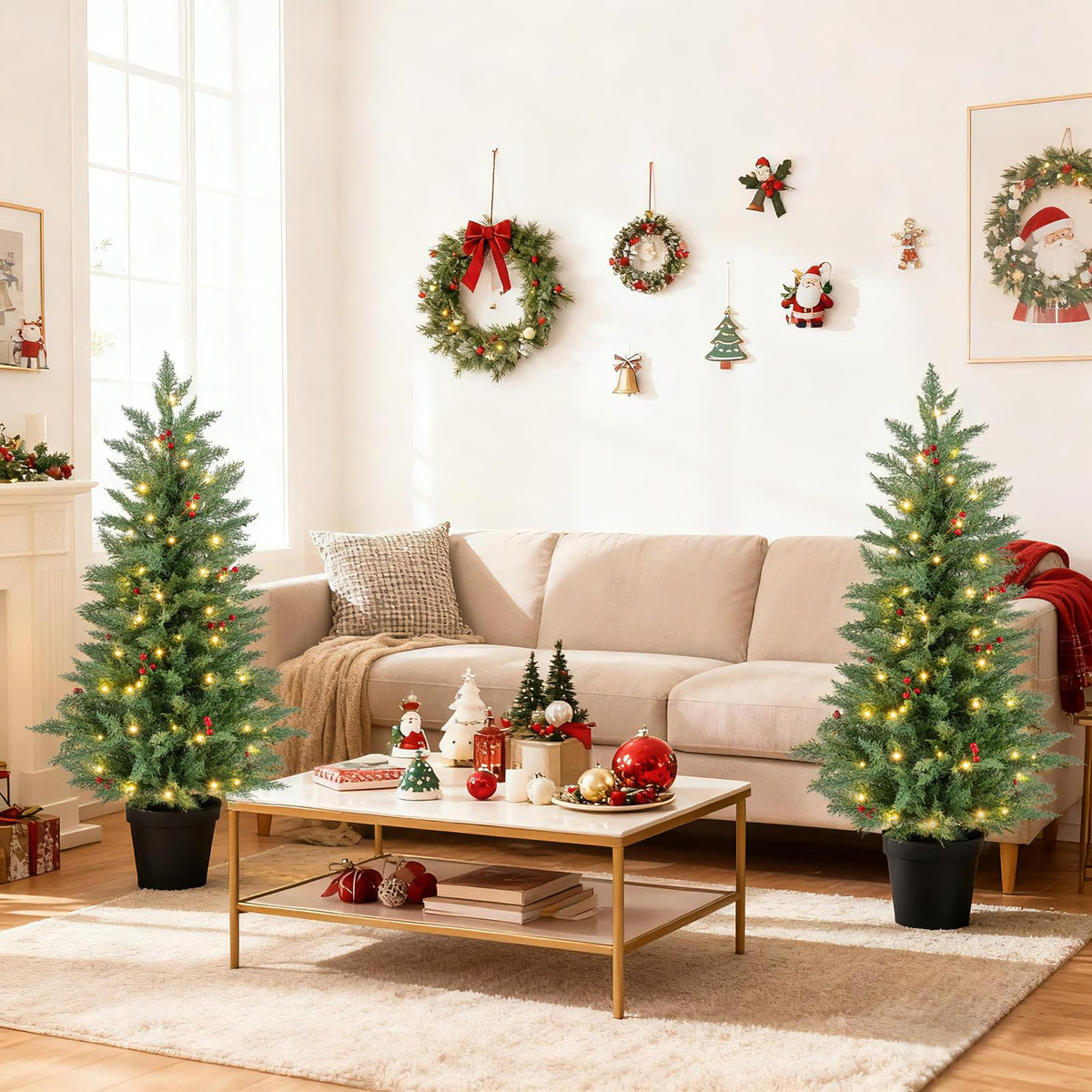 2 Pack 4 FT Pre-lit Cypress Christmas Trees w/70 Warm White LED Lights