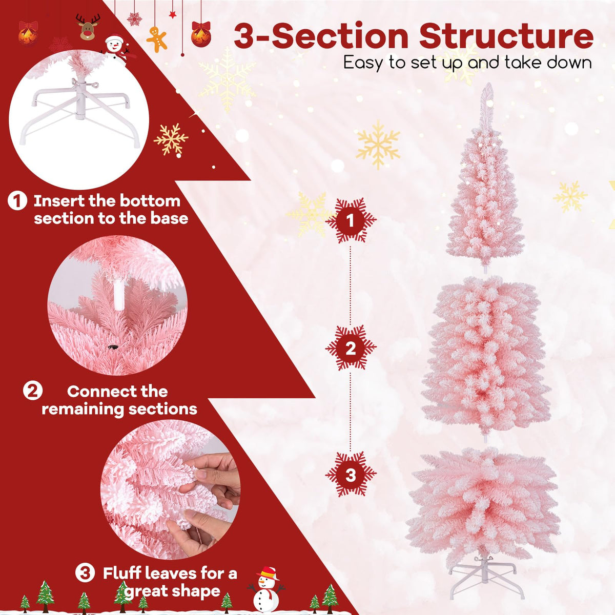 Lucktree 6ft Pink Slim Pencil Christmas Tree, Artificial Unlit Skinny Xmas Full Tree with 460 Branch Tips