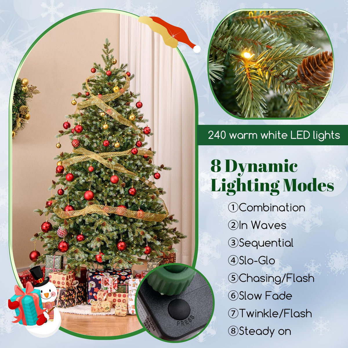 Lucktree 6ft Pre-Lit Artificial Christmas Tree, Hinged Full Xmas Pine Tree with 240 Warm White LED Lights