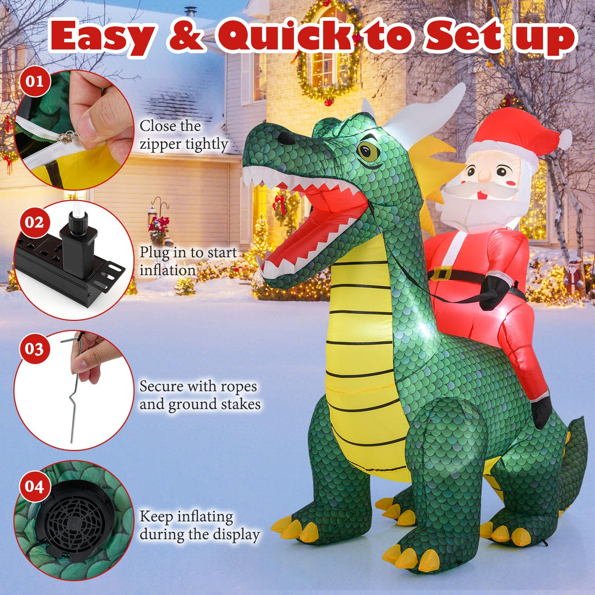 Lucktree 6.7 FT Inflatable Christmas Santa Claus Riding Dinosaur Decoration with Lights Stakes