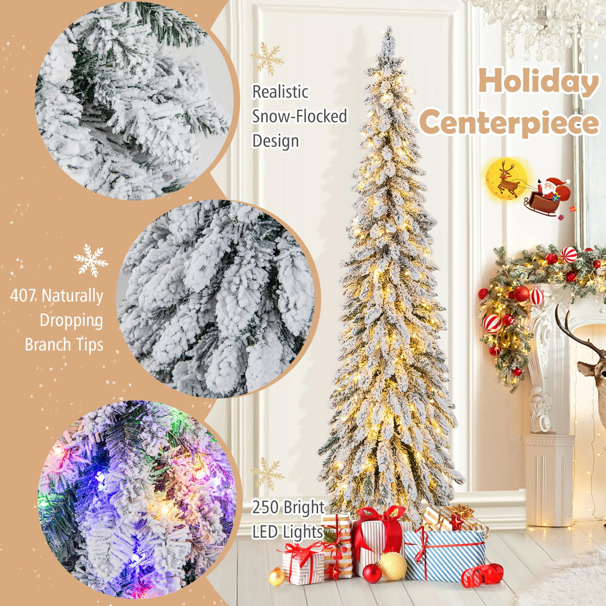 Lucktree 6ft Pre-Lit Flocked Christmas Tree, Artificial Slim Pencil Xmas Tree with 250 LED Lights