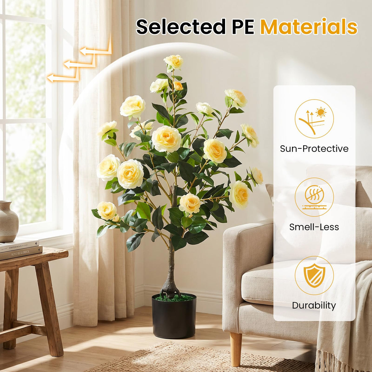 Lucktree 35.5" Artificial Camellia Tree Faux Floral Plant Blooming Tree in Cement Pot