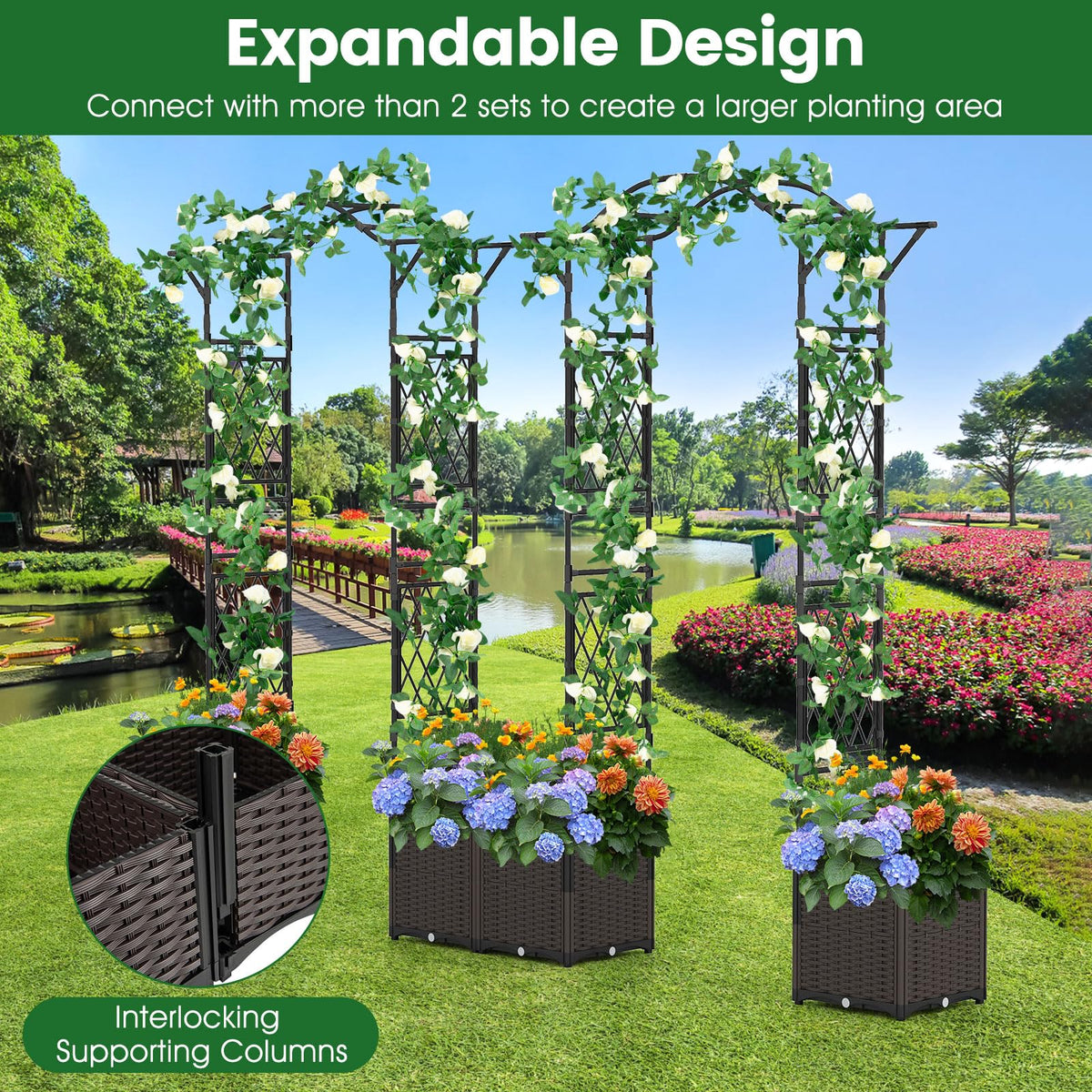 Lucktree 8.2 FT Garden Arch Trellis w/ 2 Self-Watering Planter Boxes