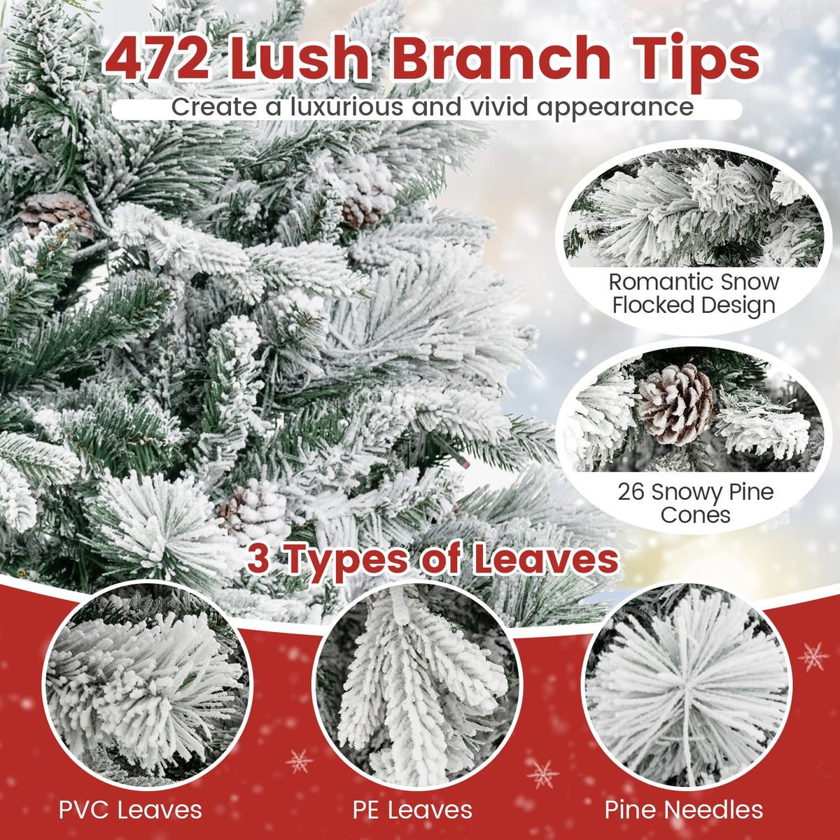 Lucktree Pre-Lit Snow Flocked Christmas Tree, Artificial Hinged Xmas Tree with 160 Multi-Color LED Lights