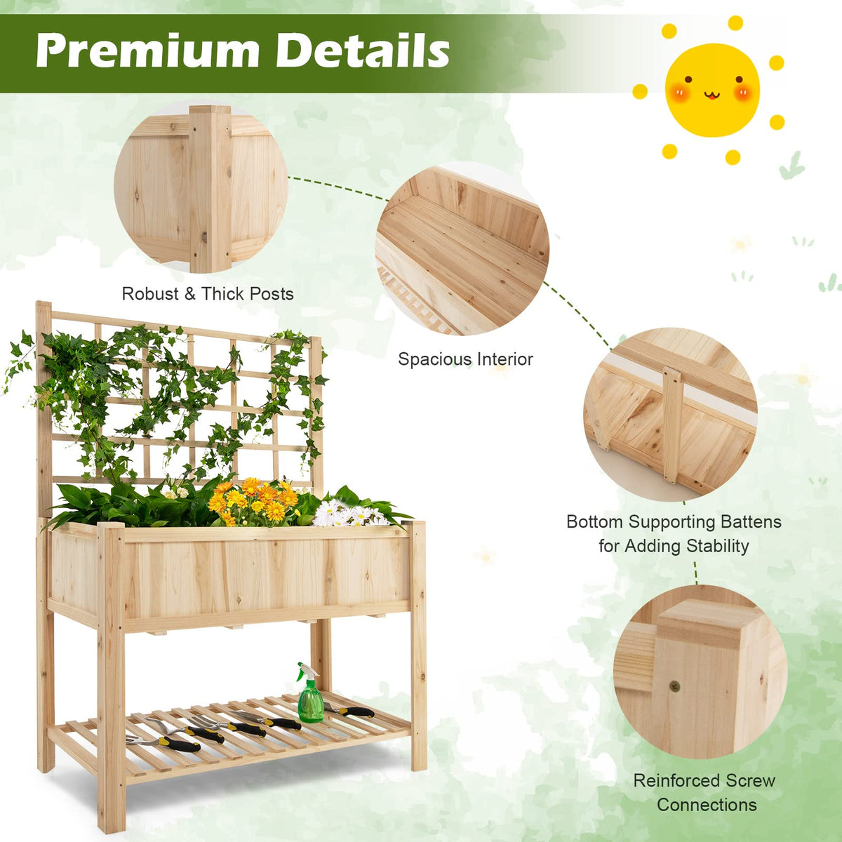 Lucktree Wood Planter with Trellis, Standing Raised Garden Bed