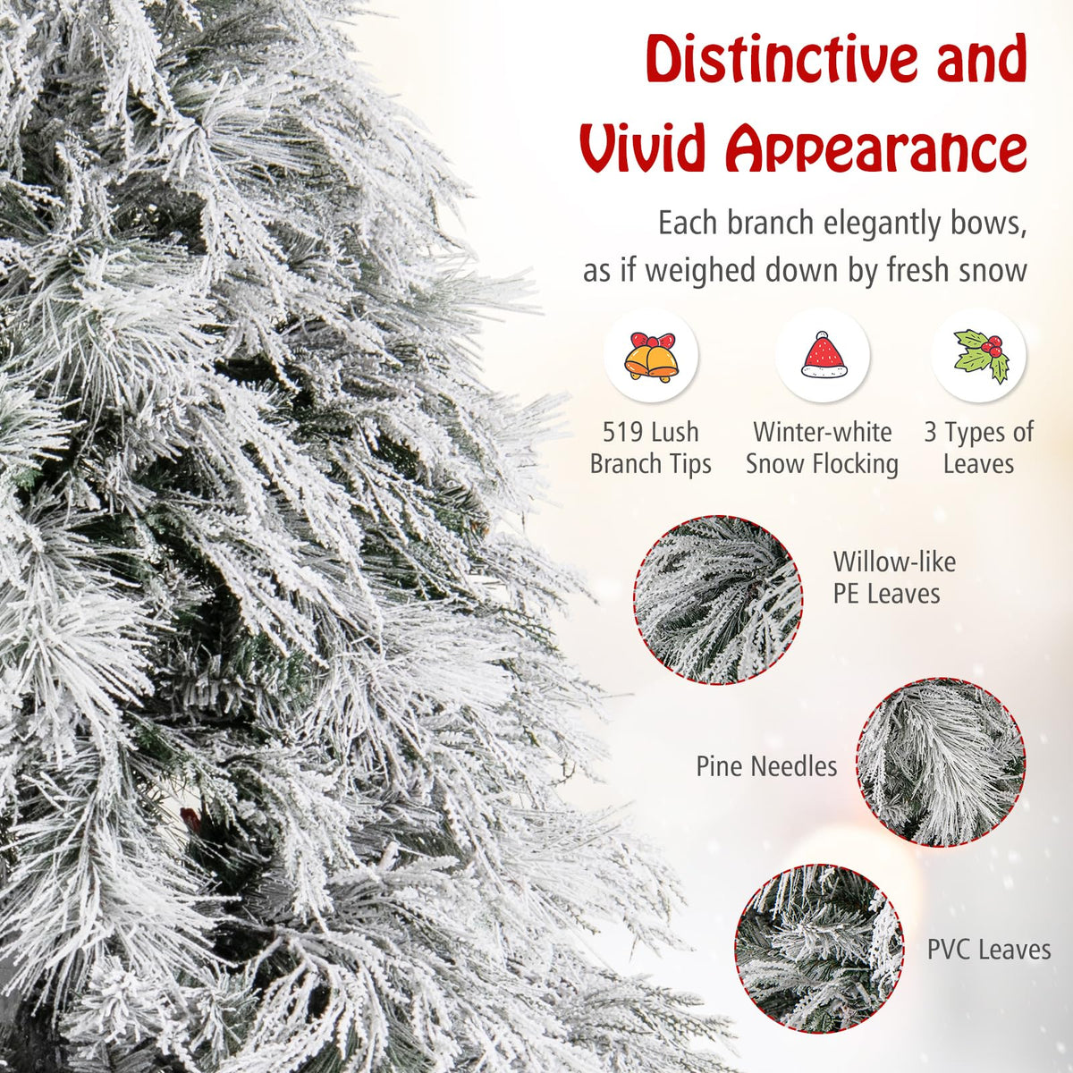 Lucktree 6ft Pre-Lit Snow Flocked Christmas Tree, Artificial Hinged Full Xmas Tree with 519 PVC & Pine Needles