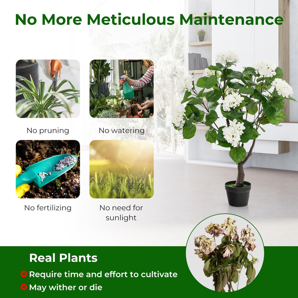 Lucktree Artificial Hydrangea Tree, 2 Pack Fake Floral Plant w/11 White Flowers & Realistic Trunk in Plastic Nursery Pot