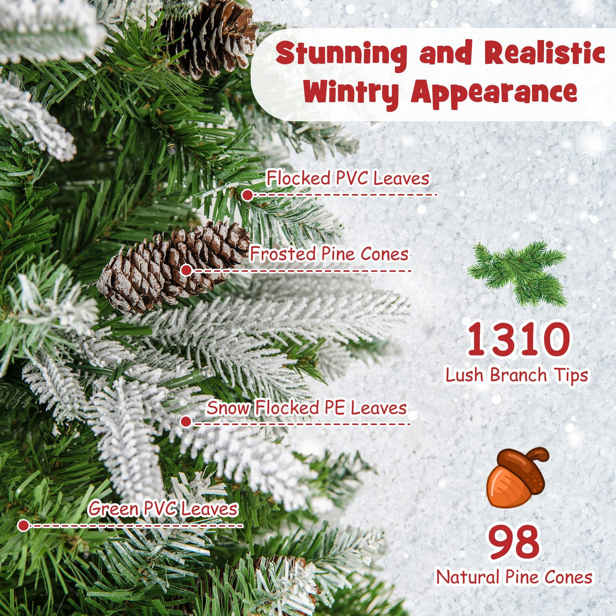 Lucktree 9 FT Pre-Lit Pencil Christmas Tree, Artificial Snow Flocked Hinged Fake Slim Xmas Tree with 470 Warm-White LED Lights